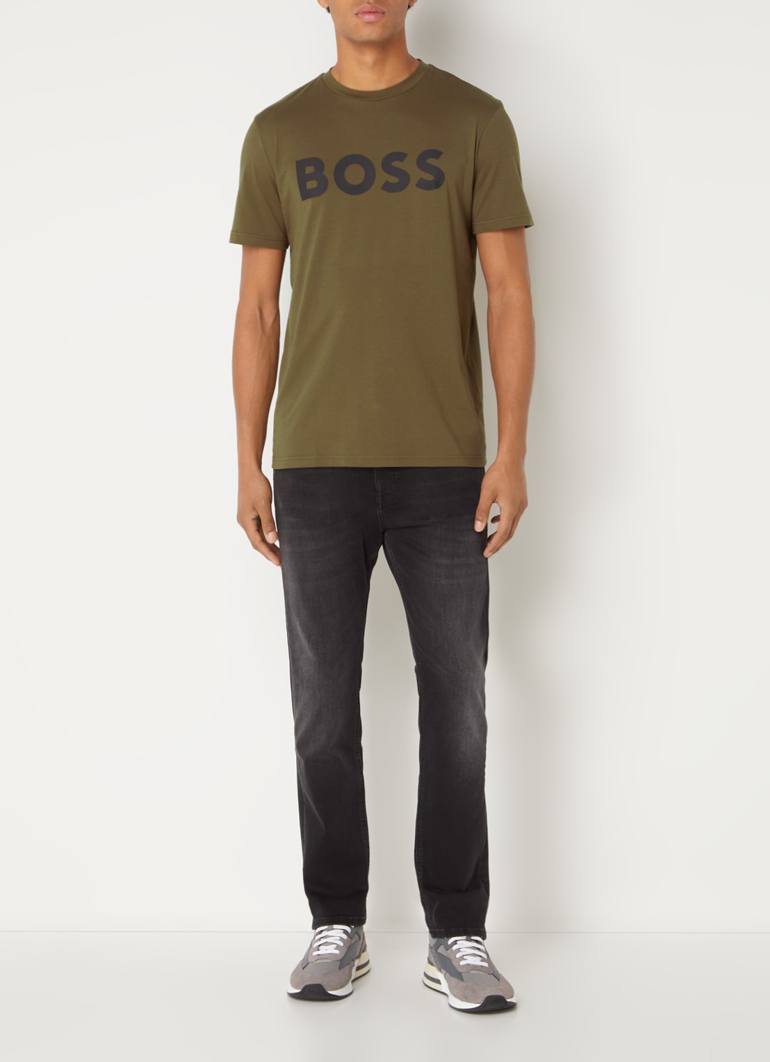 BOSS Thinking T-shirt met logoprint  - voorkant 2 mosgroen