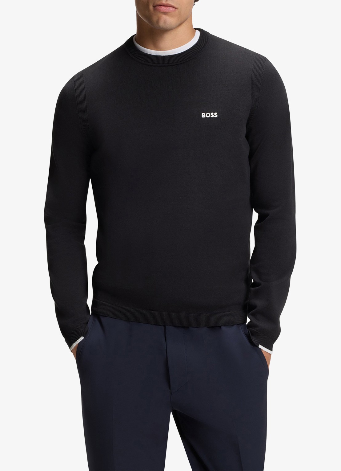 BOSS Trui van katoen met contrastlogo - detail 4 donkerblauw