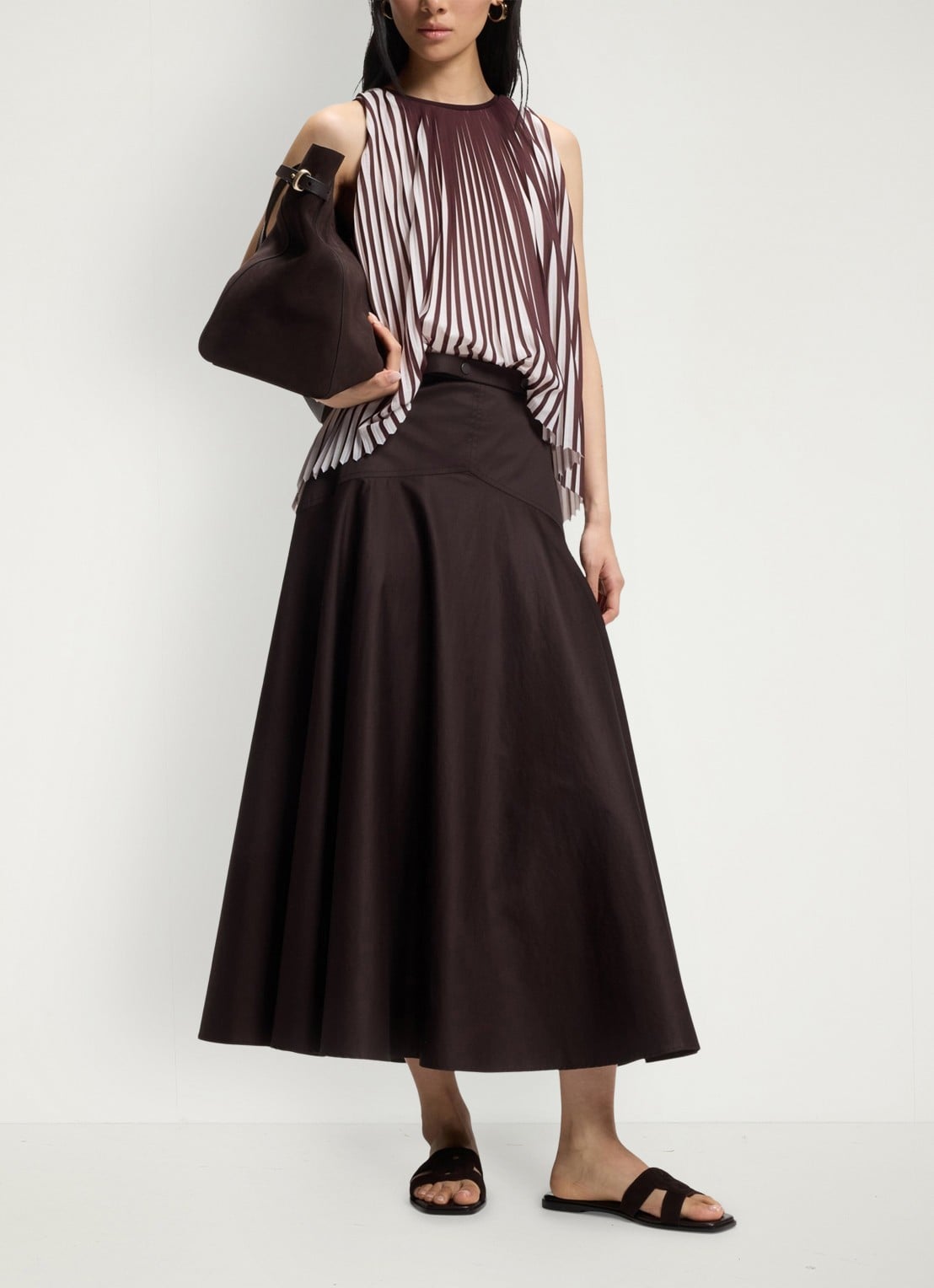 BOSS Vusola midi rok met ceintuur - voorkant 5 dark brown-207 / bruin