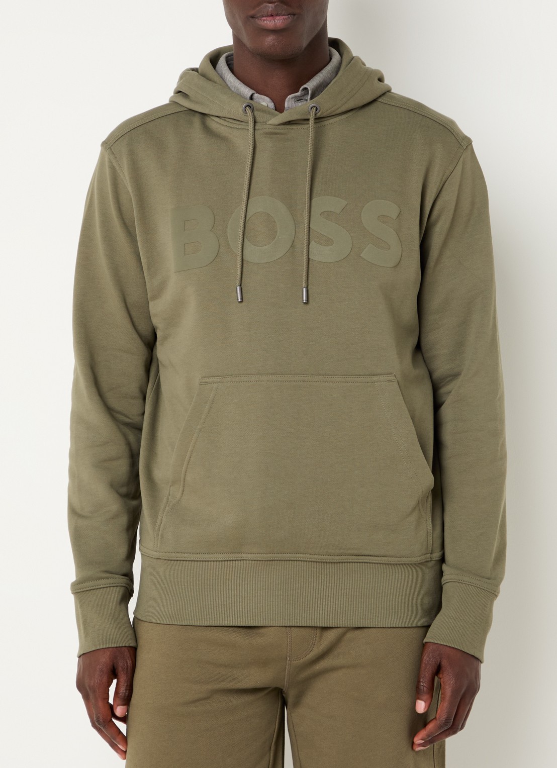 BOSS Webasic hoodie met logoprint - detail legergroen