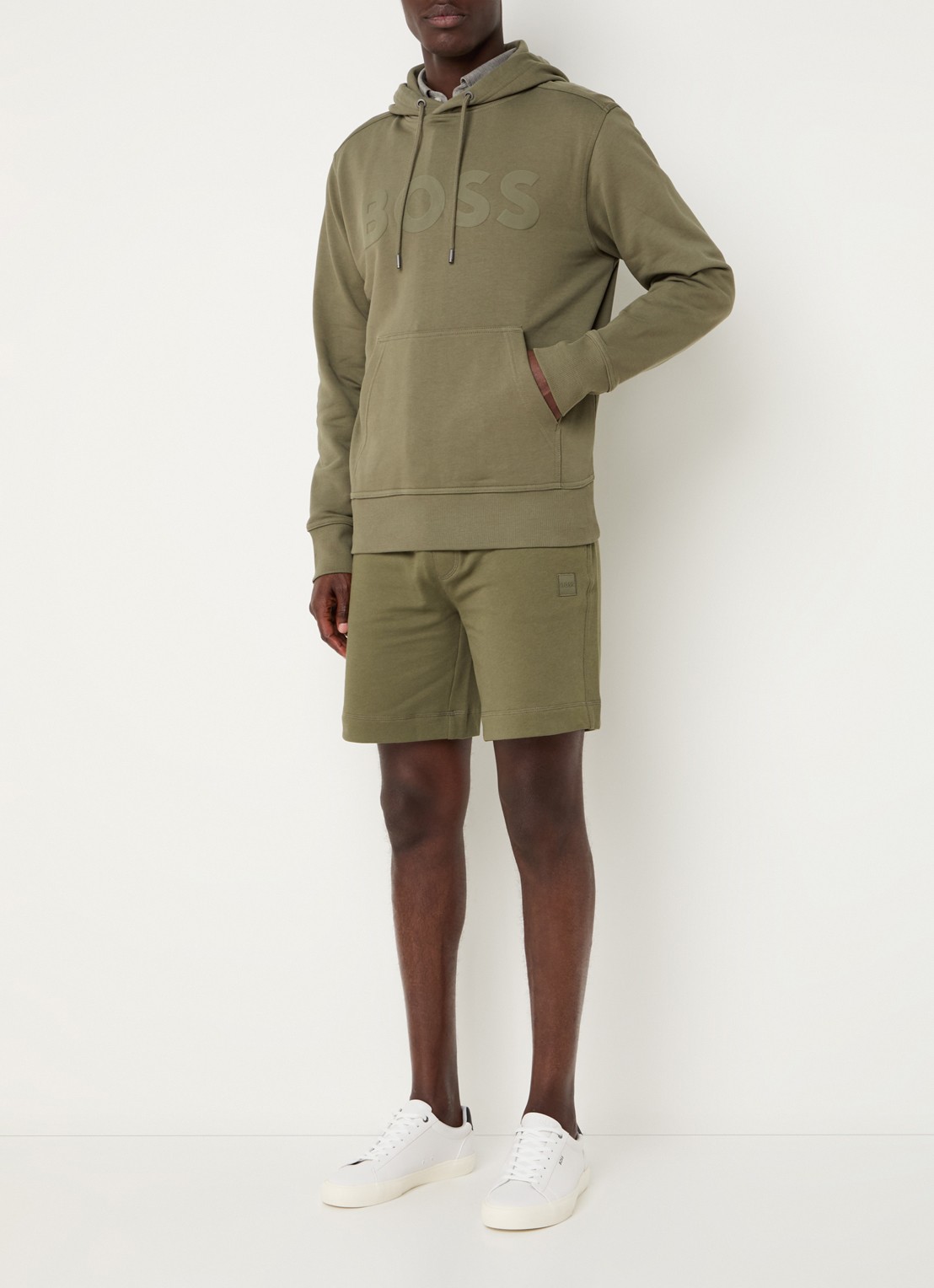 BOSS Webasic hoodie met logoprint - voorkant 4 legergroen