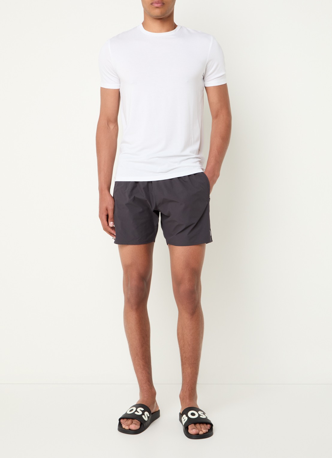 BOSS Zwemshort met kenmerkende streep en logo - voorkant 2 dark grey-022 / grijs