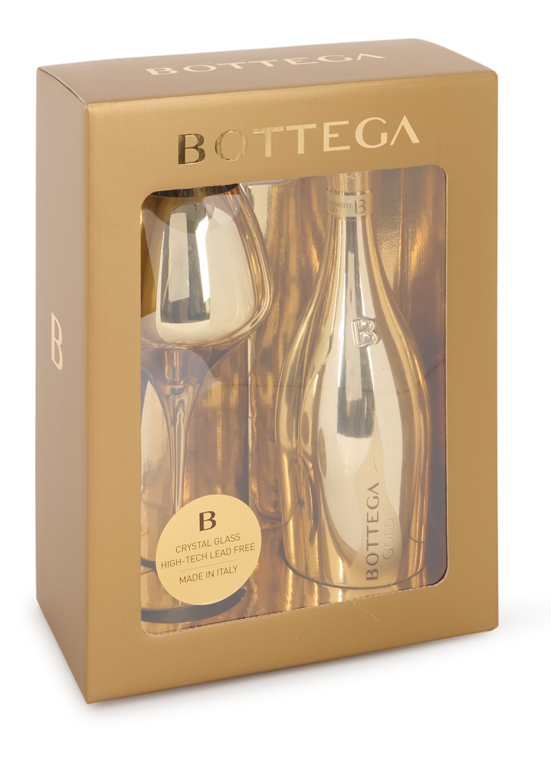 Bottega Bottega Gold mousserende wijn met champagneglas in geschenkdoos 750 ml - voorkant goud