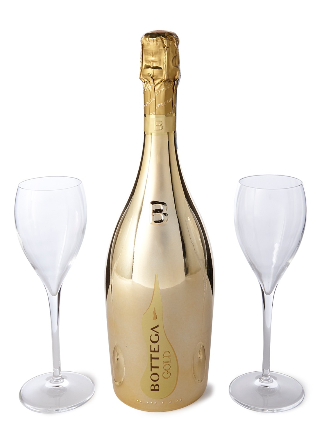 Bottega Gold Prosecco mousserende wijn met champagneglazen in geschenkdoos 750 ml - voorkant goud
