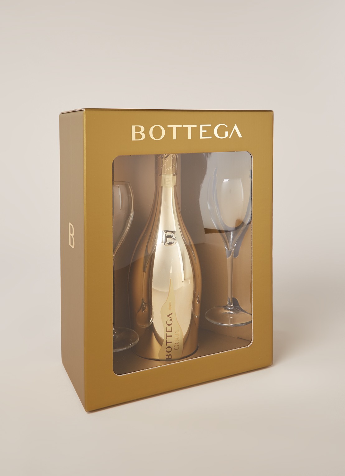Bottega Gold Prosecco mousserende wijn met champagneglazen in geschenkdoos 750 ml - voorkant 2 goud