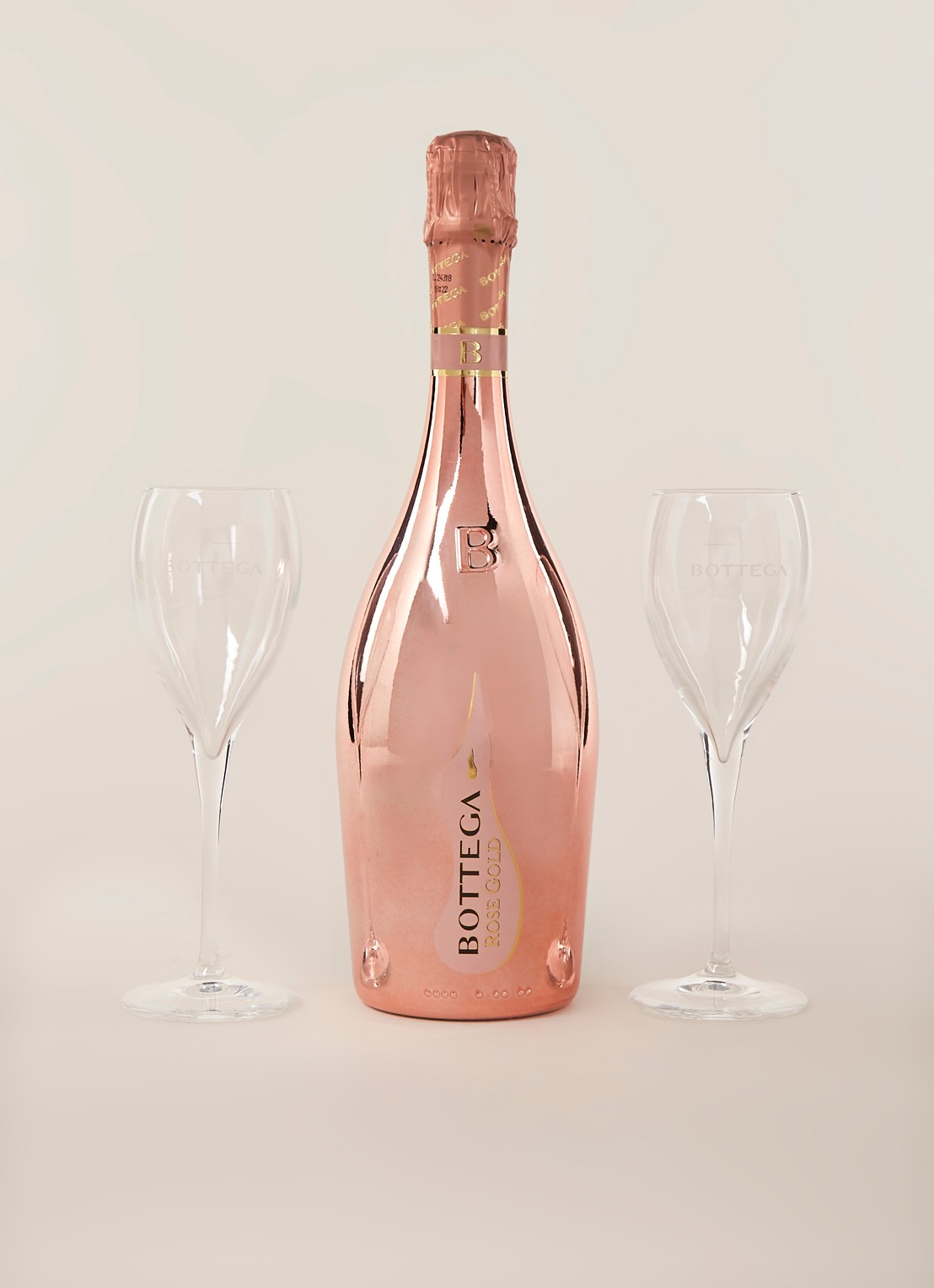 Bottega Rosé Gold Prosecco mousserende rosé wijn met champagneglazen in geschenkverpakking 750 ml - voorkant 3 roségoud