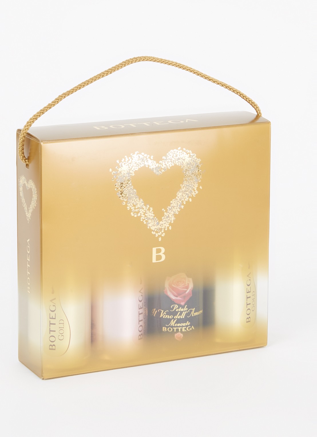 Bottega Vino Dei Poeti Piccolo Gold + Pink + Amore Prosecco in geschenkset 4 x 200 ml - voorkant 2 goud