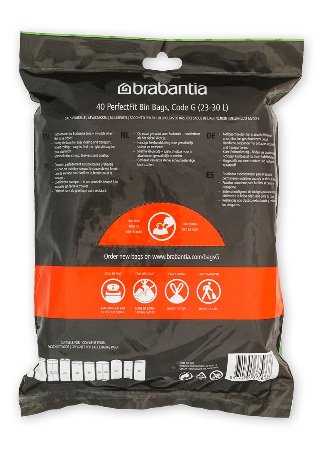 Brabantia Perfect Fit vuilniszak code G 23-30 L 40 stuks - voorkant 2 wit