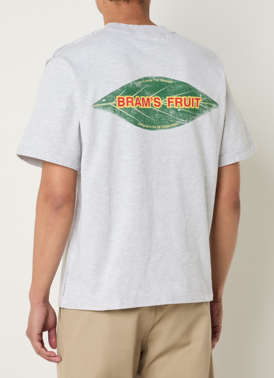 Bram's Fruit Distressed Leaf T-shirt met logo- en backprint - detail grijsmele