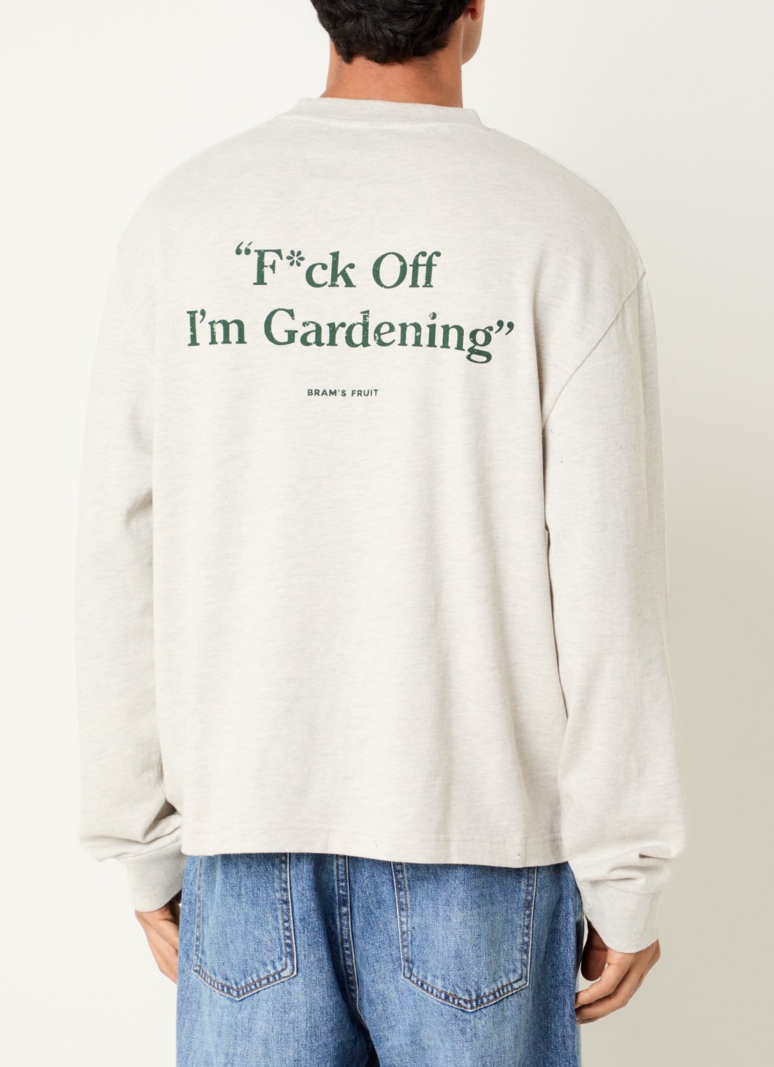Bram's Fruit F*ck Off I'm Gardening longsleeve met destroyed afwerking - detail grijsmele
