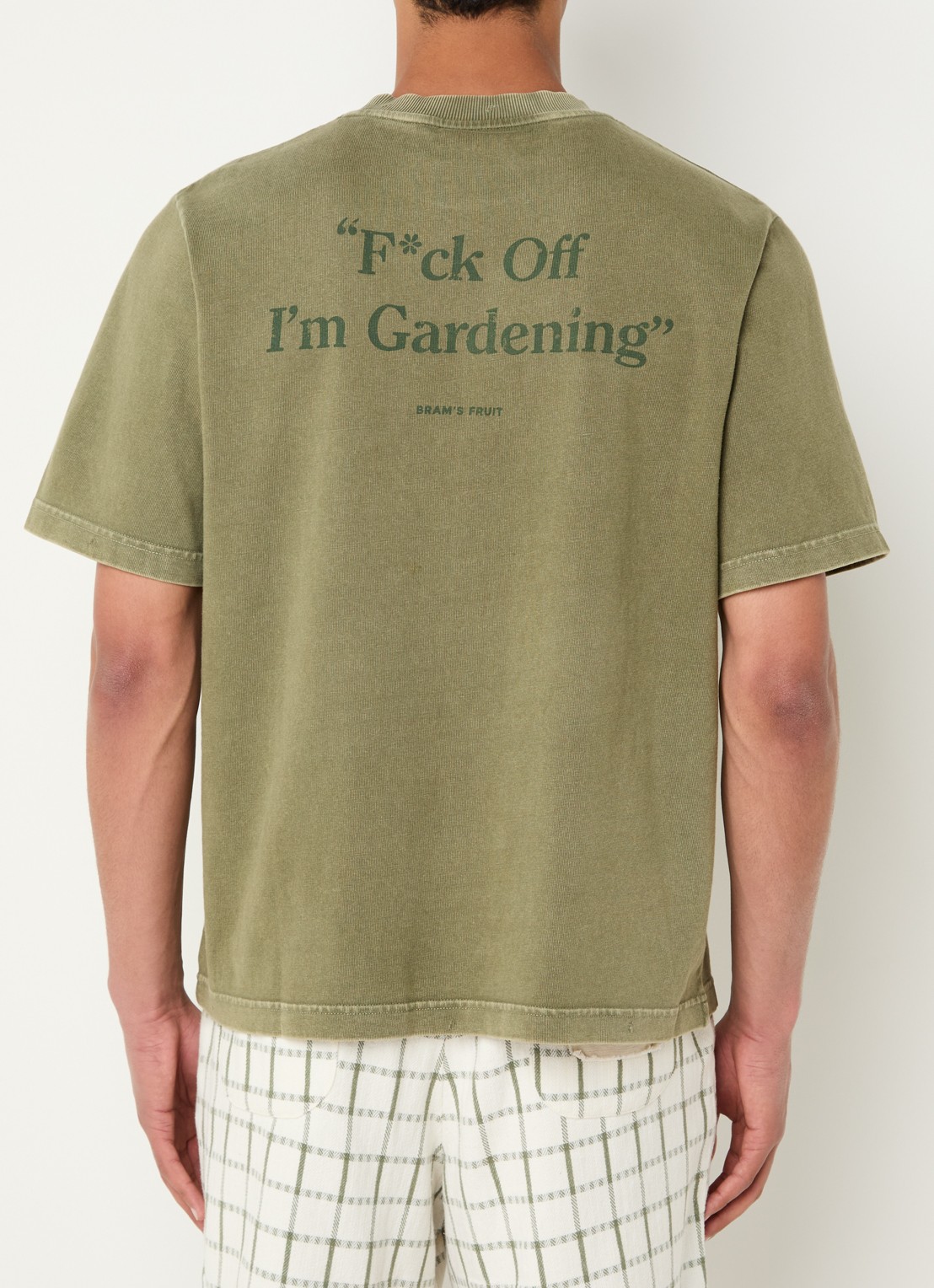 Bram's Fruit F*ck Off T-shirt met logo- en backprint - detail olijfgroen