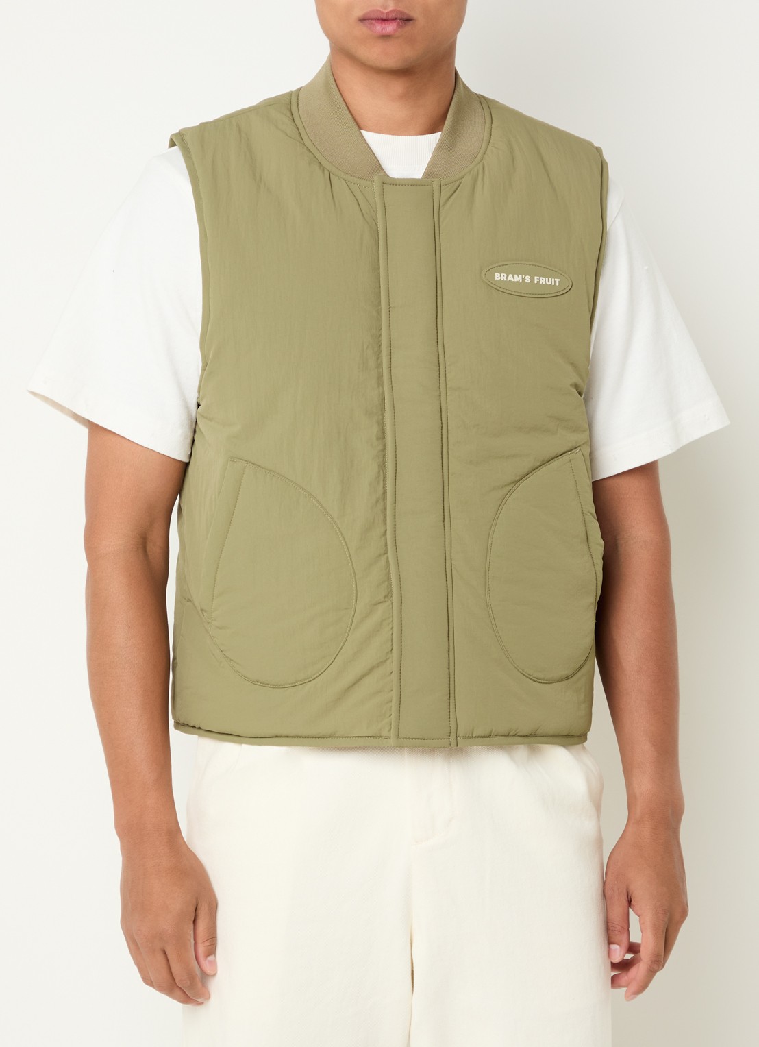 Bram's Fruit Reversible bodywarmer met steekzakken - detail olijfgroen
