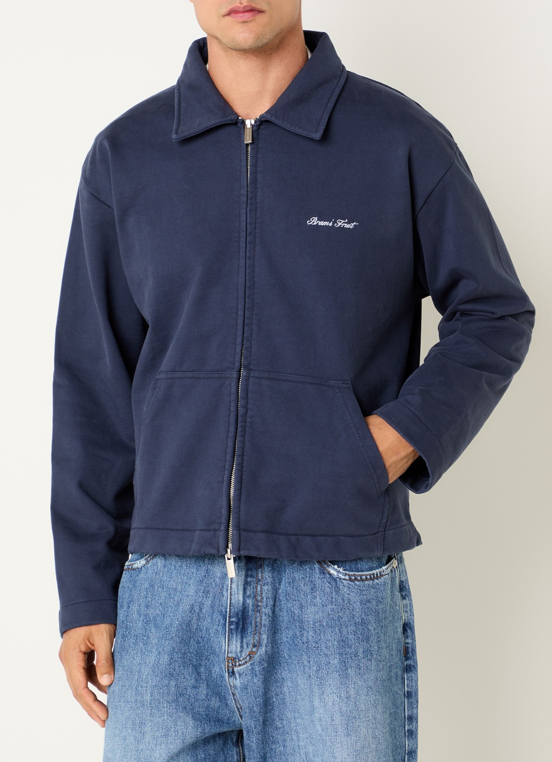Bram's Fruit Script Logo sweatvest met kraag en logoborduring - detail 3 donkerblauw