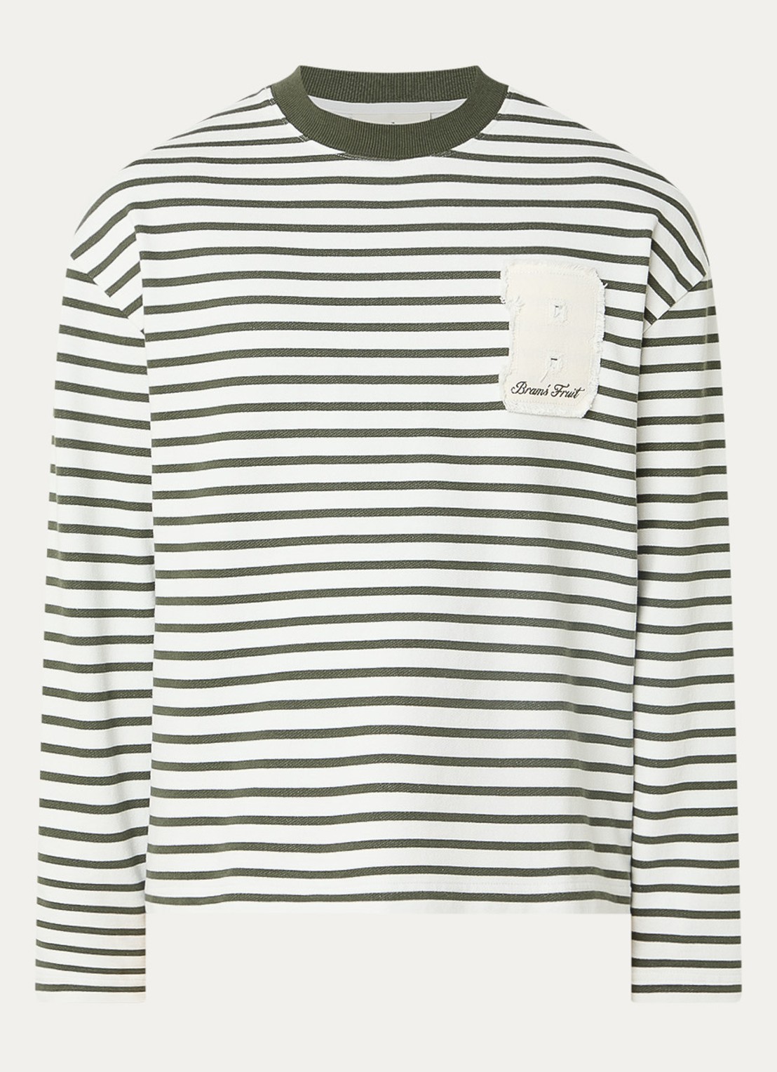 Bram's Fruit Varsity longsleeve T-shirt met logo en streepprint - voorkant legergroen