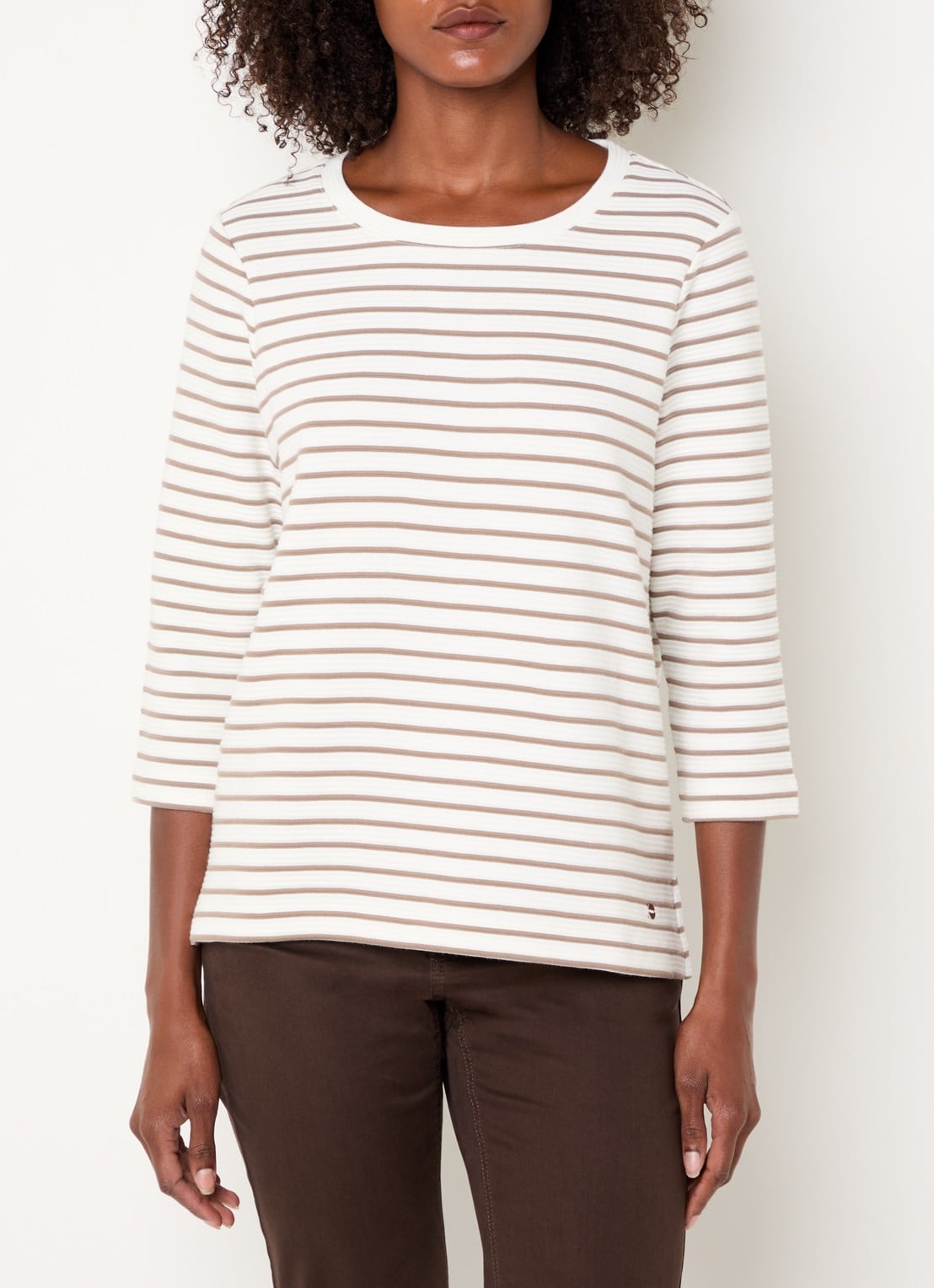 BRAX Bonnie longsleeve met streepprint en structuur - detail 4 taupe