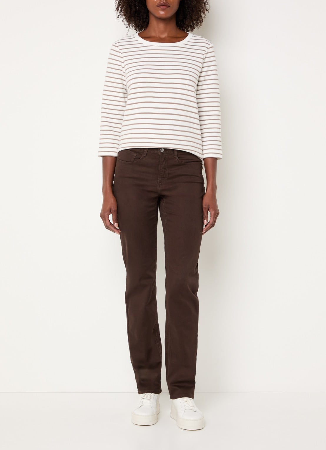 BRAX Bonnie longsleeve met streepprint en structuur - voorkant 2 taupe