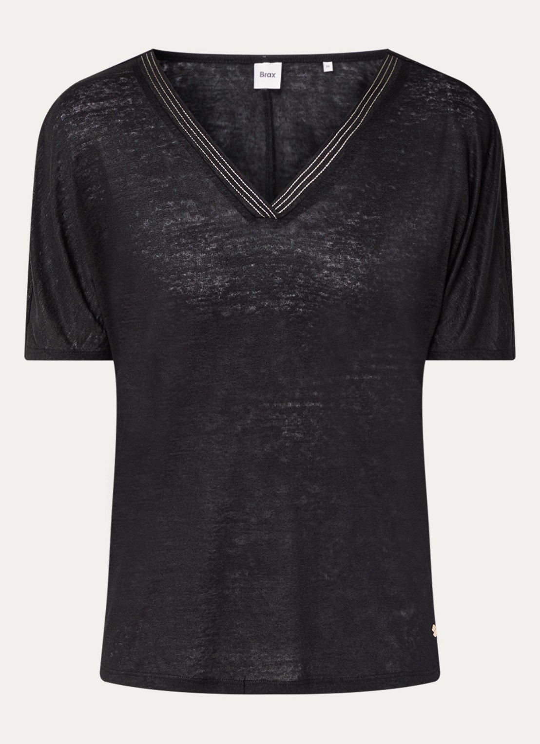 BRAX Caelen T-shirt van linnen met V-hals  - voorkant 2 zwart