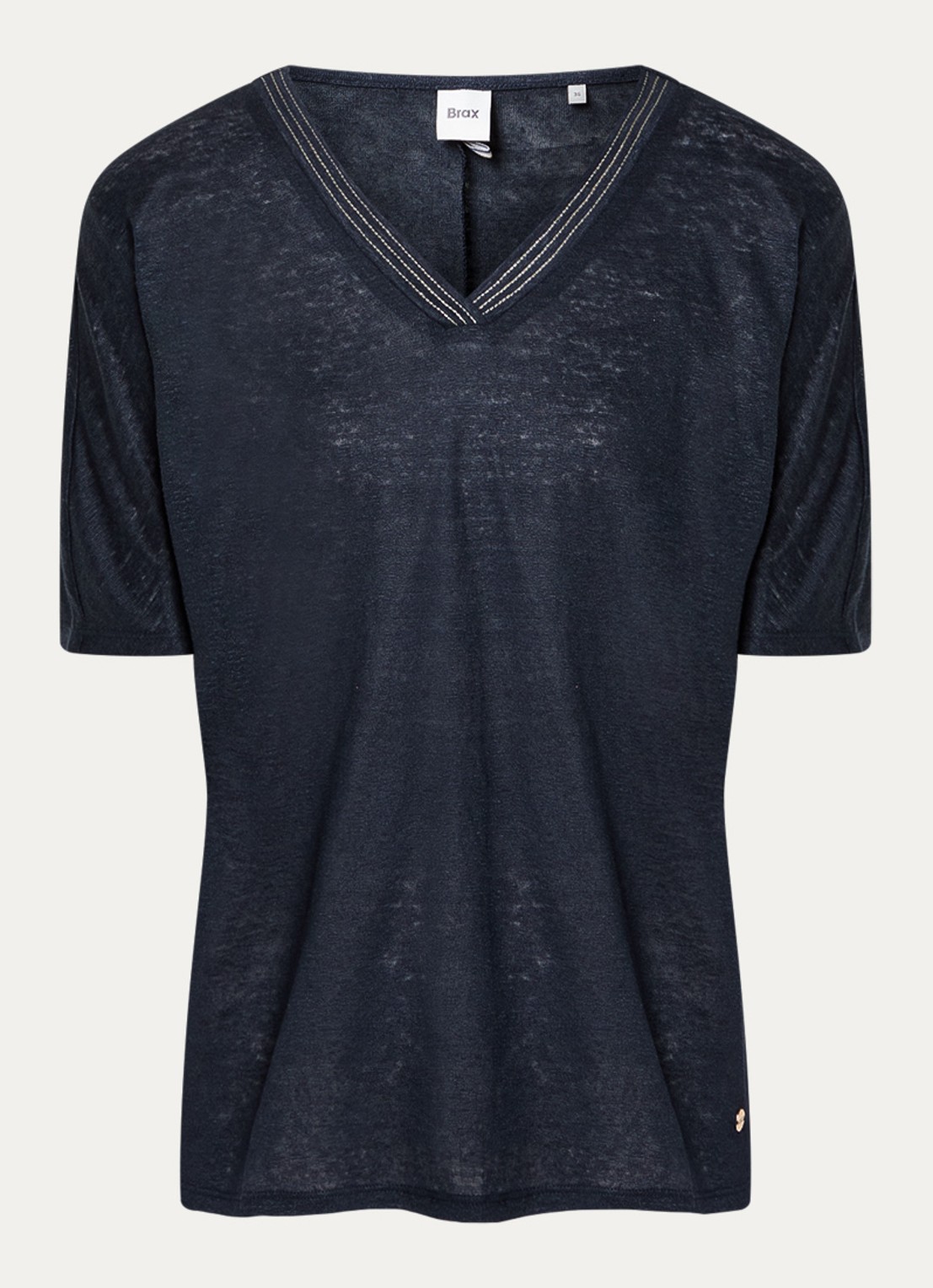 BRAX Caelen T-shirt van linnen met V-hals  - voorkant 2 donkerblauw