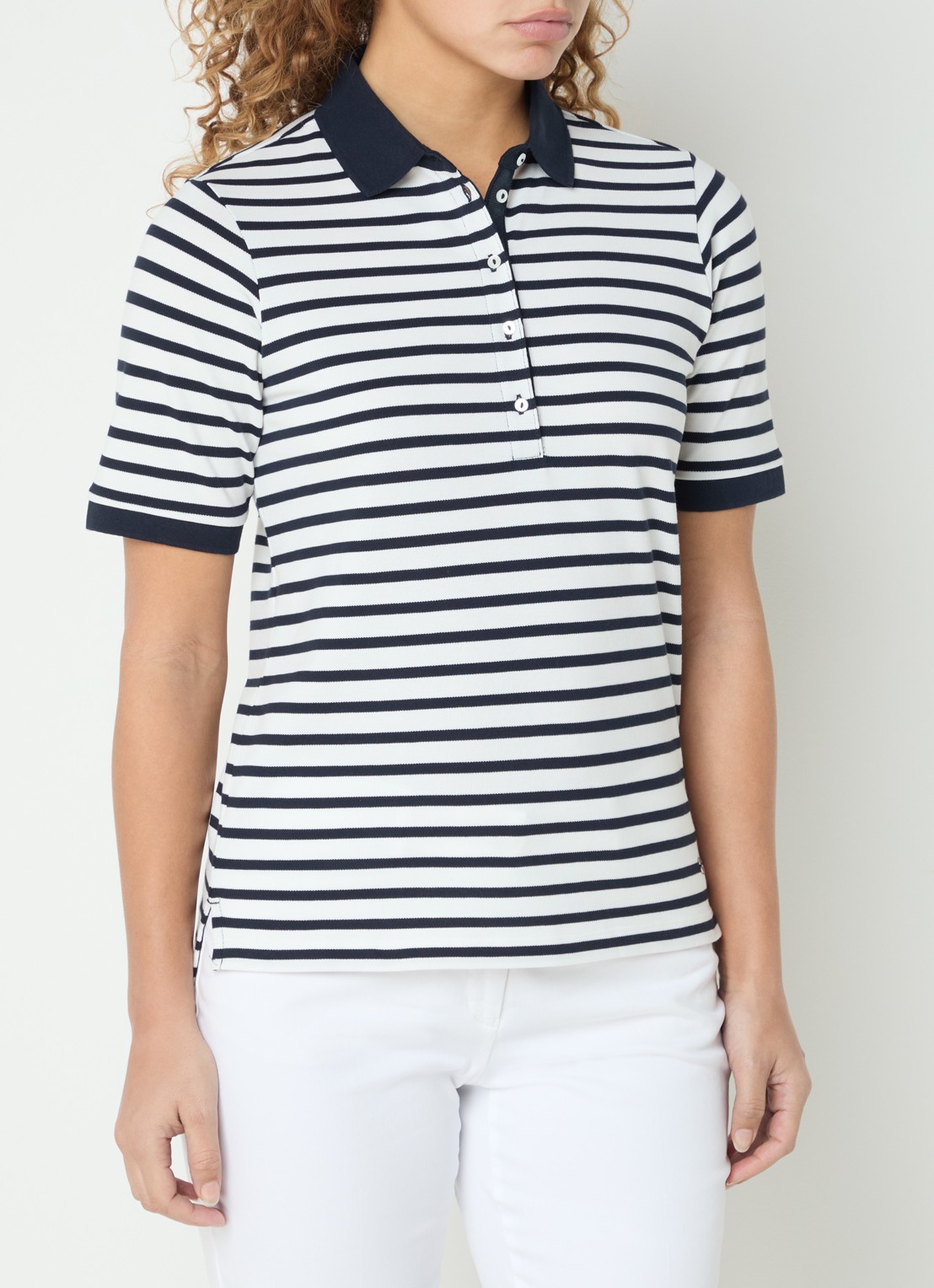 BRAX Cleo polo met streepprint - detail donkerblauw