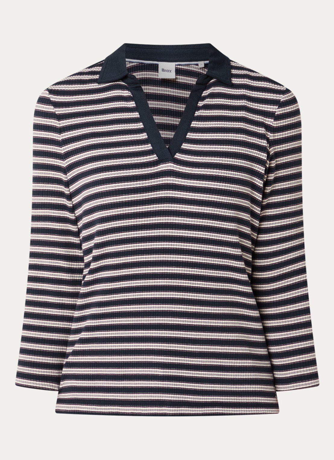 BRAX Cleo ribgebreide trui met streepprint en kraag - voorkant 2 donkerblauw