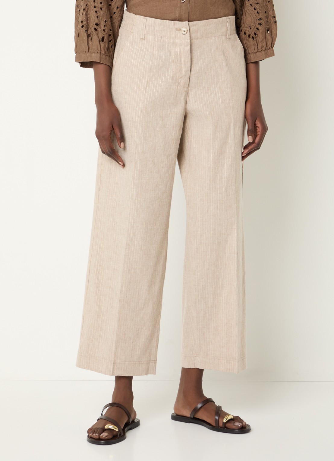 BRAX Main high waist straight fit pantalon in linnenblend met streepprint - detail 2 creme