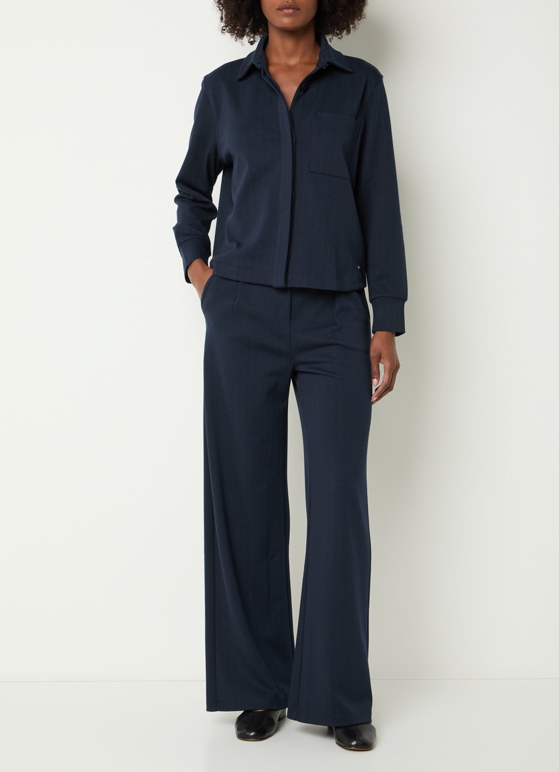 BRAX Maine high waist straight fit broek met krijtstreep - voorkant 3 donkerblauw