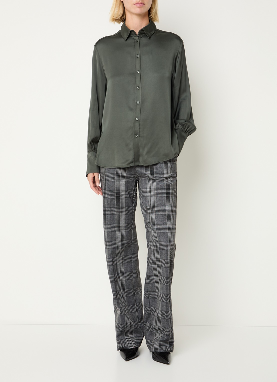 BRAX Maine mid waist wide fit palazzobroek met ruitdessin - voorkant 4 donkergrijs