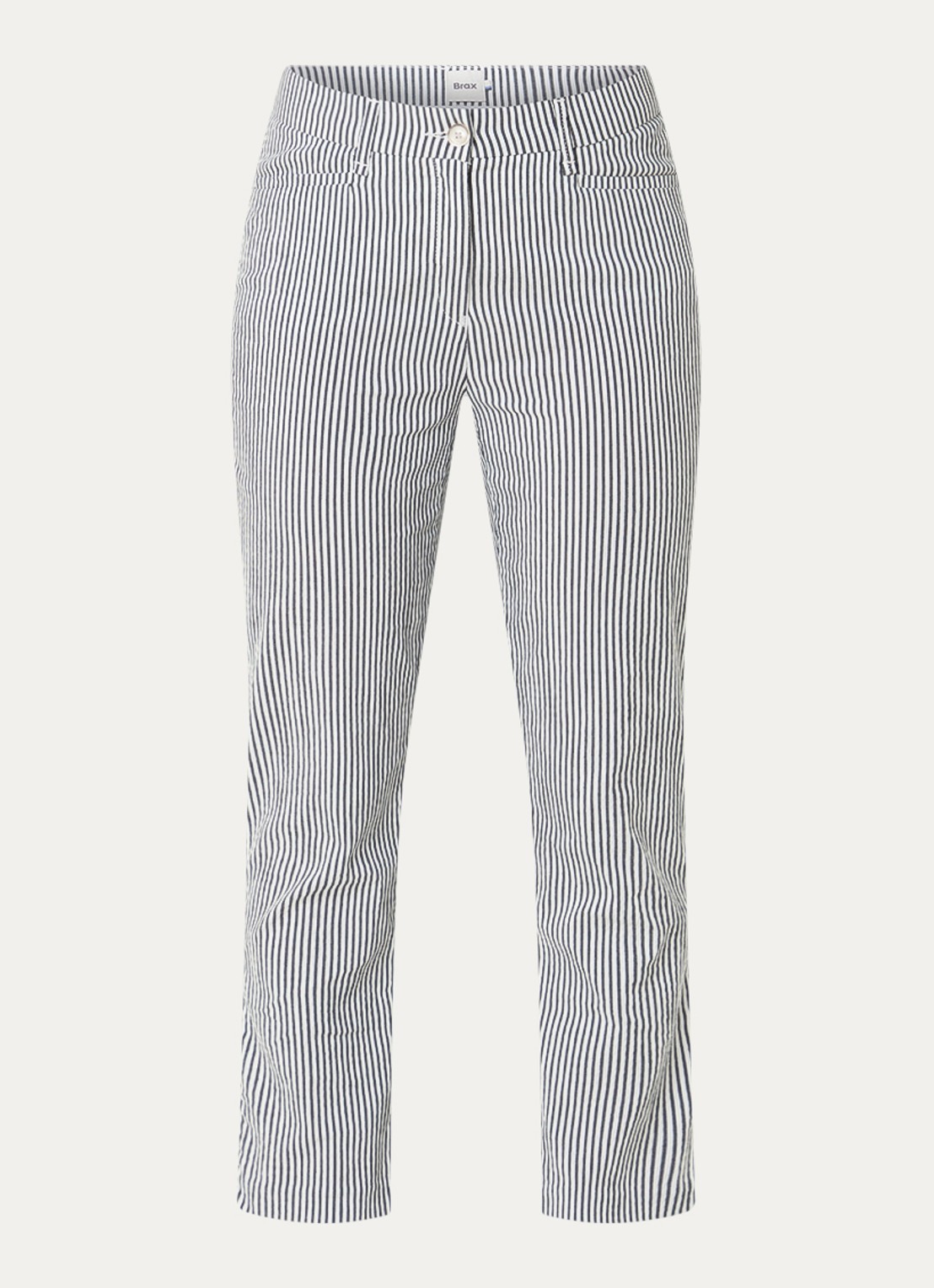 BRAX Mara mid waist cropped slim fit broek met streepprint en steekzakken - voorkant donkerblauw