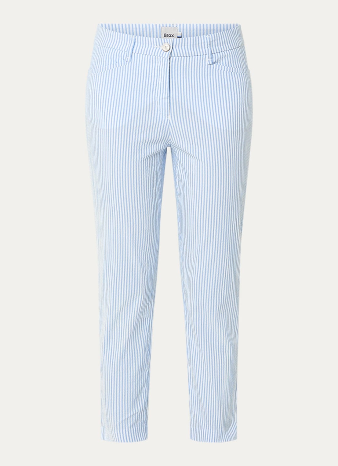BRAX Mara mid waist cropped slim fit broek met streepprint en steekzakken - voorkant 2 lichtblauw