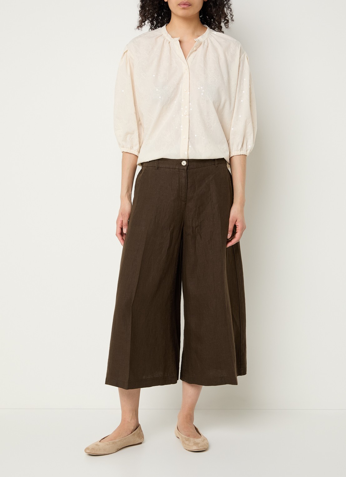 BRAX Melli high waist wide leg culotte van linnen met steekzakken - voorkant 4 donkerbruin