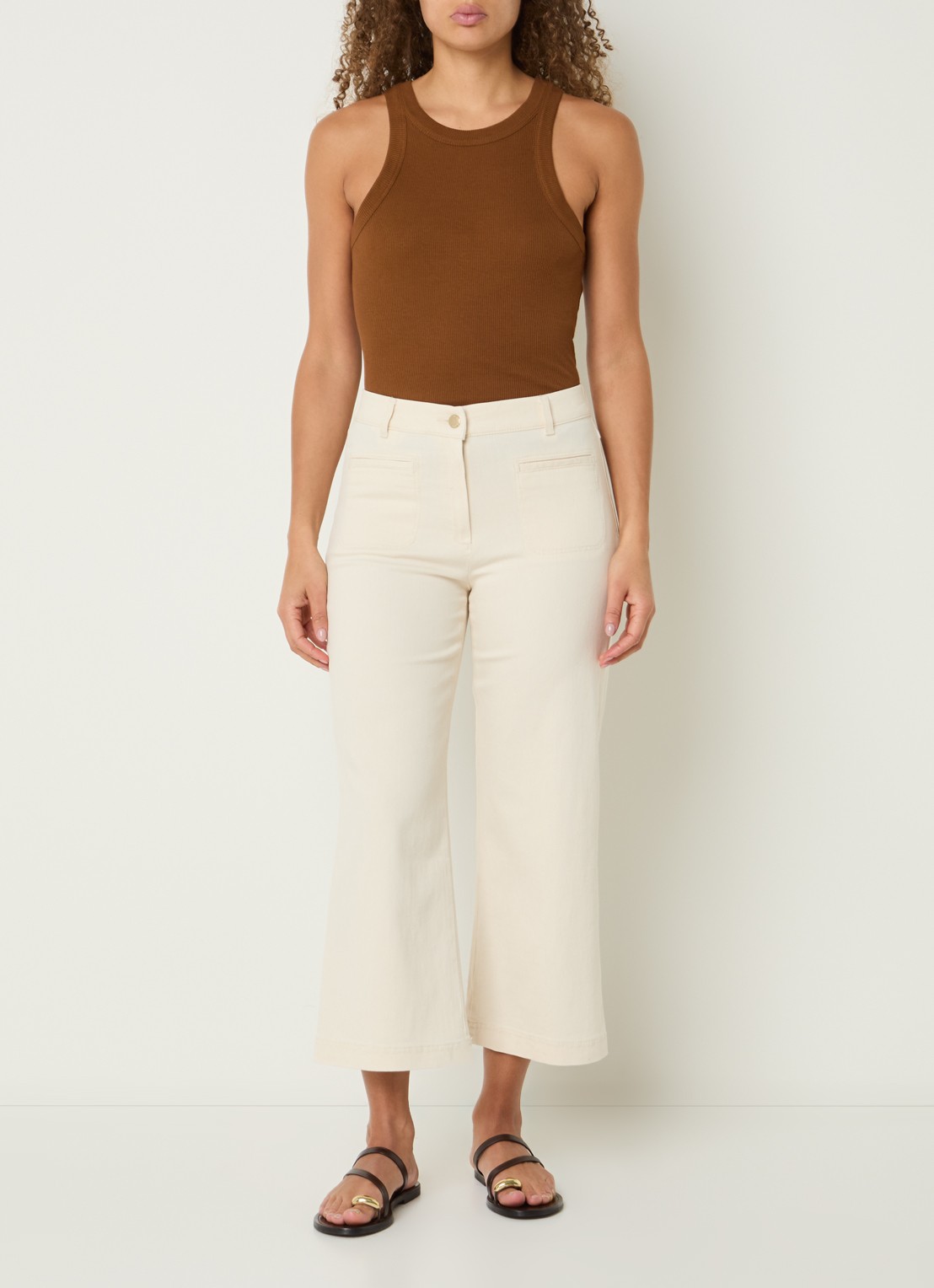 BRAX Peggy mid waist straight fit cropped broek van chambray - voorkant 3 creme