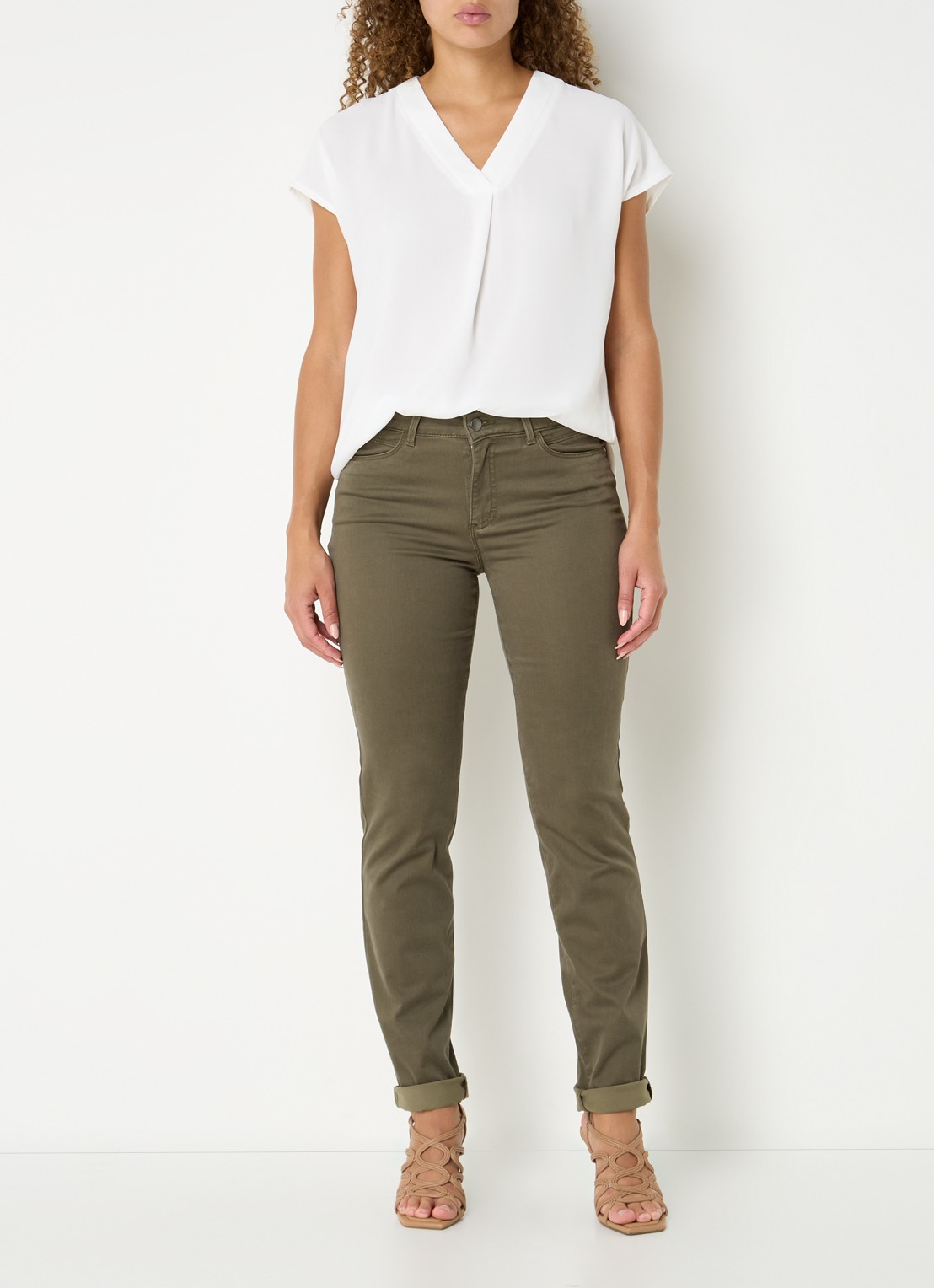 BRAX Shakira mid waist slim fit broek   - voorkant 3 olijfgroen