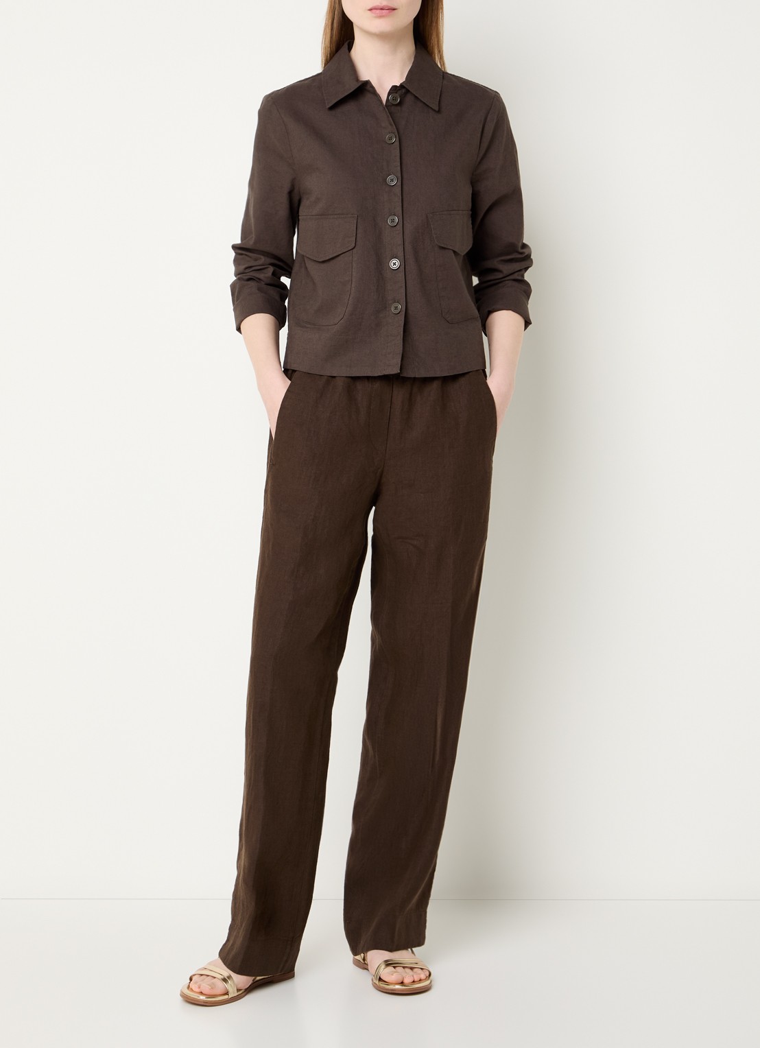 BRAX Vega blouse in linnenblend met opgestikte zakken - voorkant 2 bronsgroen