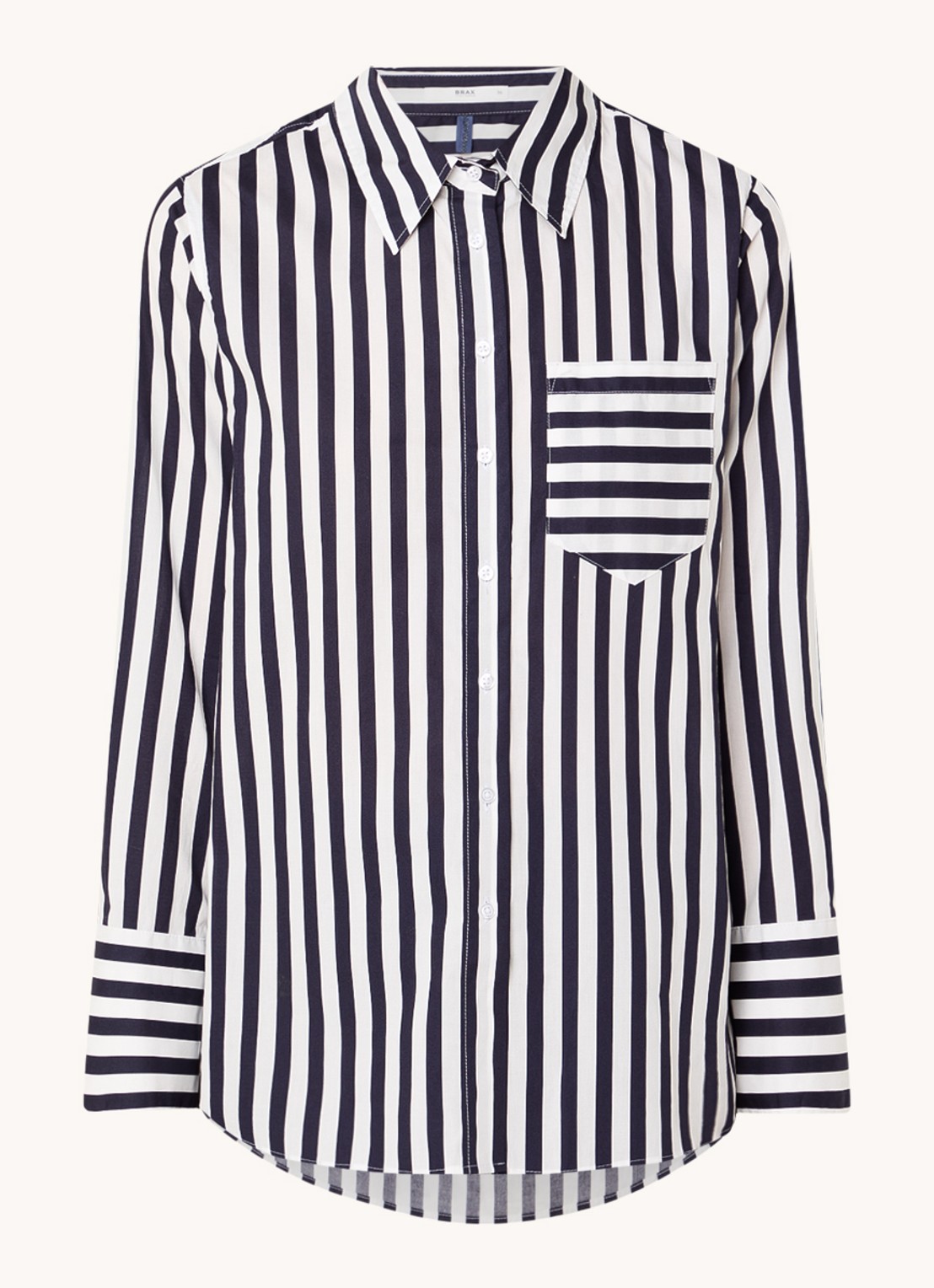 BRAX Viki blouse met streepprint en borstzak - voorkant 2 donkerblauw
