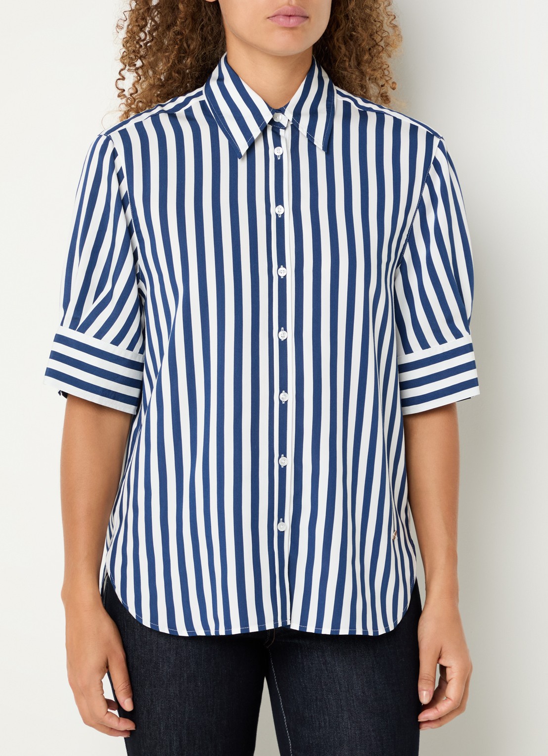 BRAX Villy blouse met streepprint - detail 4 donkerblauw