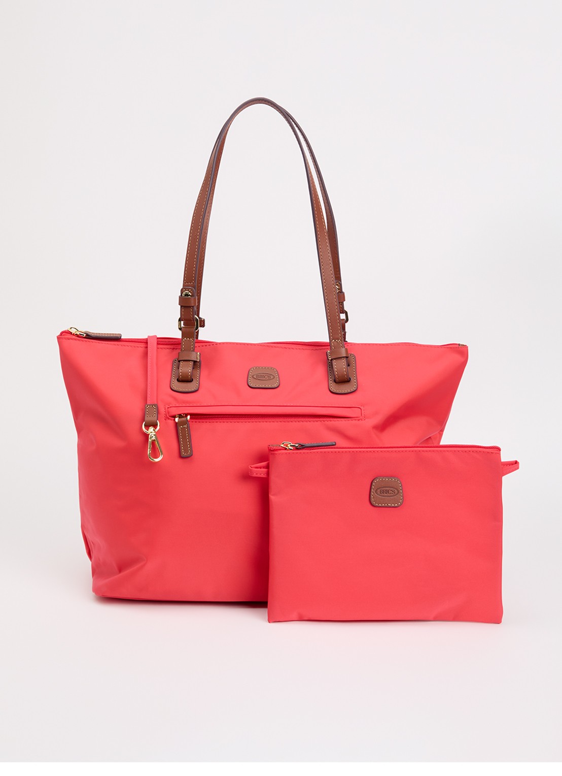 Bric's Sportina Large shopper met leren details en uitneembaar etui - voorkant koraalrood