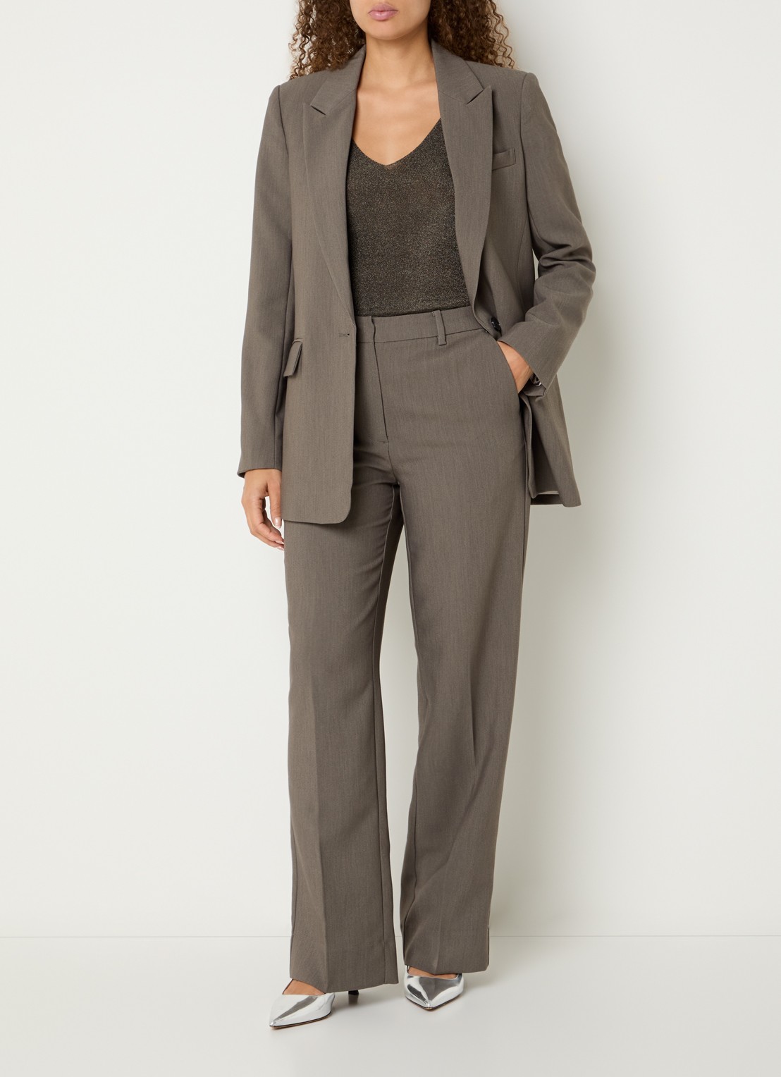 Bruuns Bazaar Cindy high waist flared fit pantalon met steekzakken - voorkant 4 grijsmele