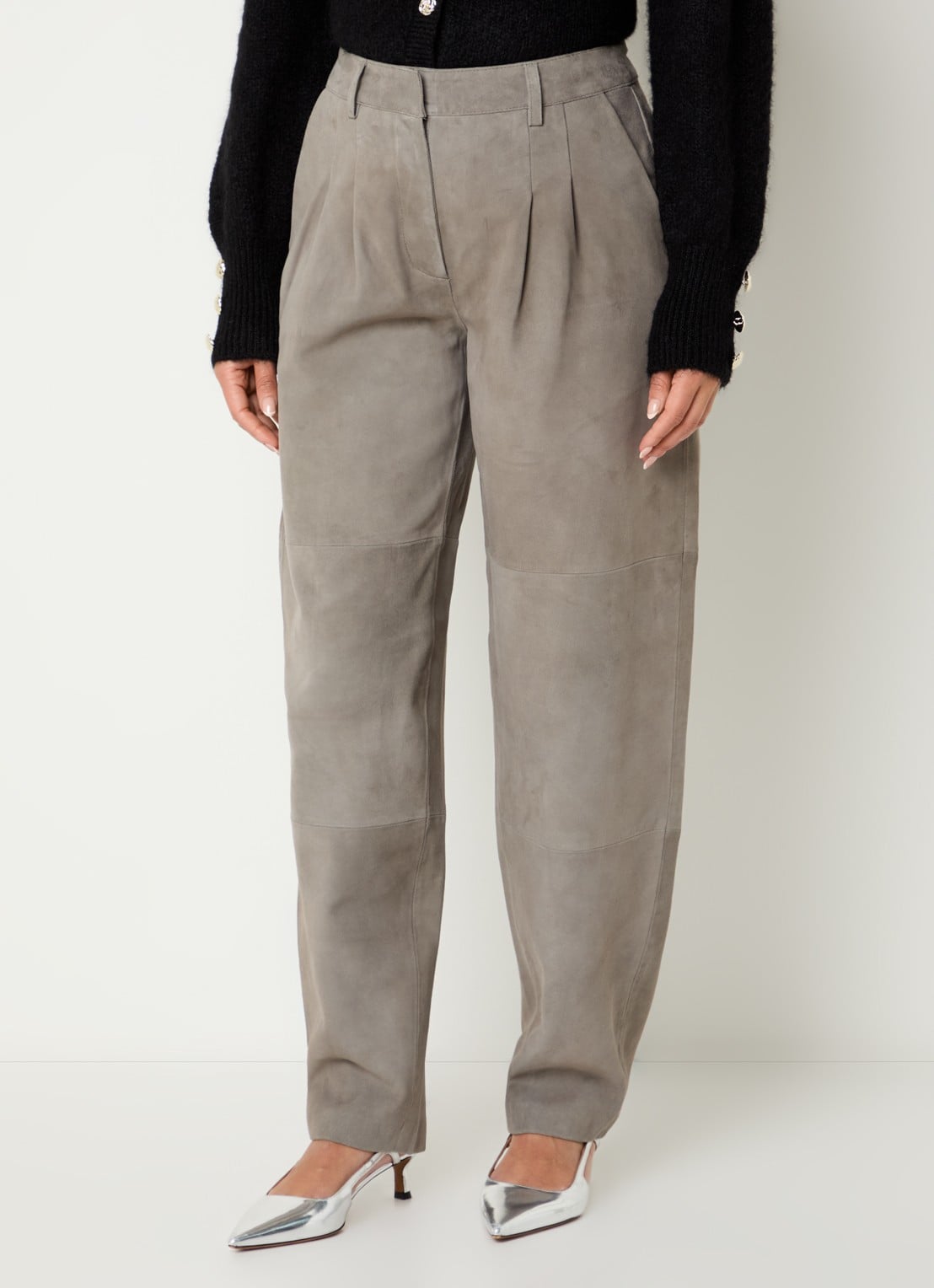 Bruuns Bazaar High waist wide fit broek met steekzakken - detail taupe