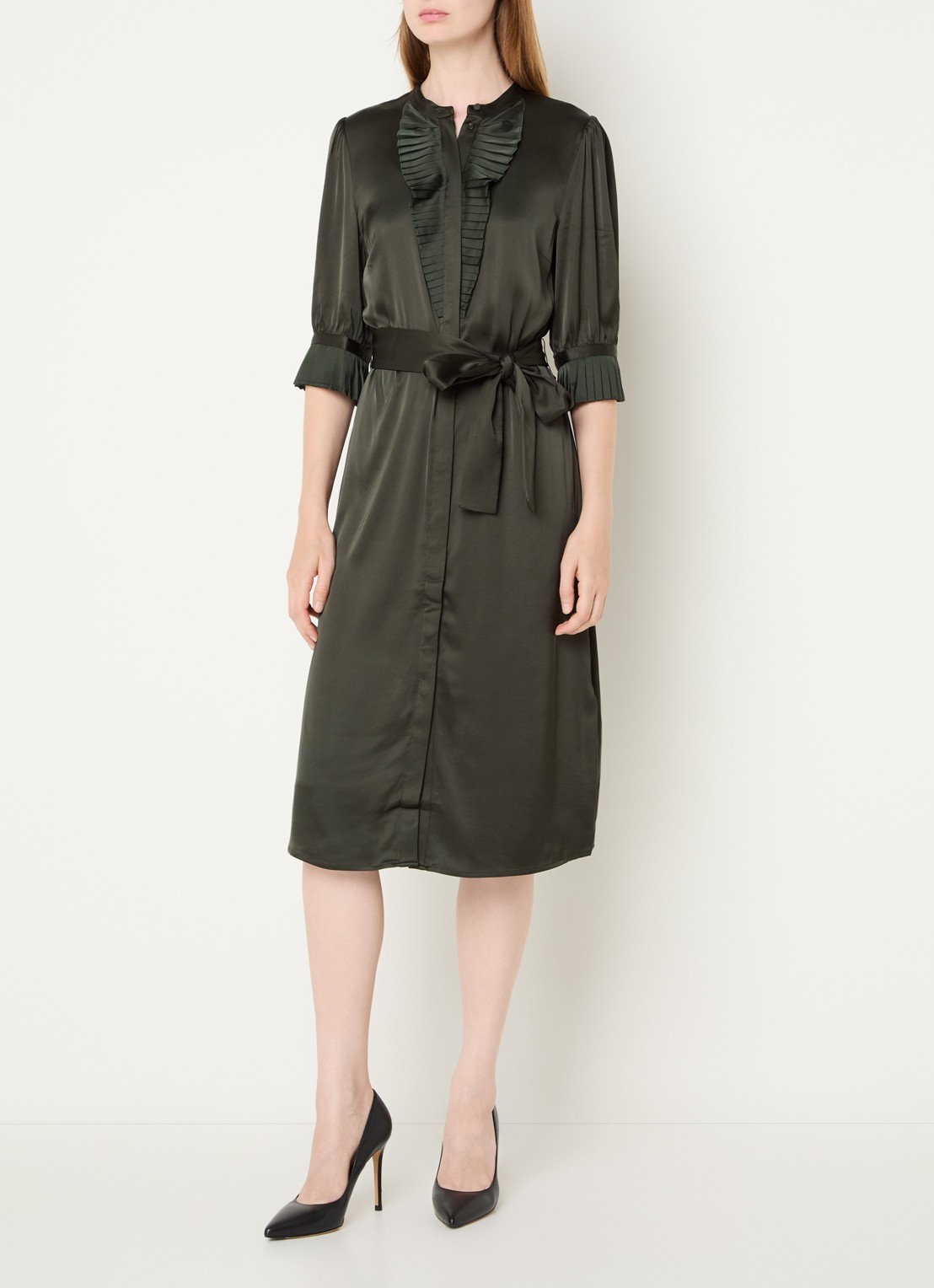 Bruuns Bazaar Midi blousejurk met strikceintuur - detail 4 donkergroen