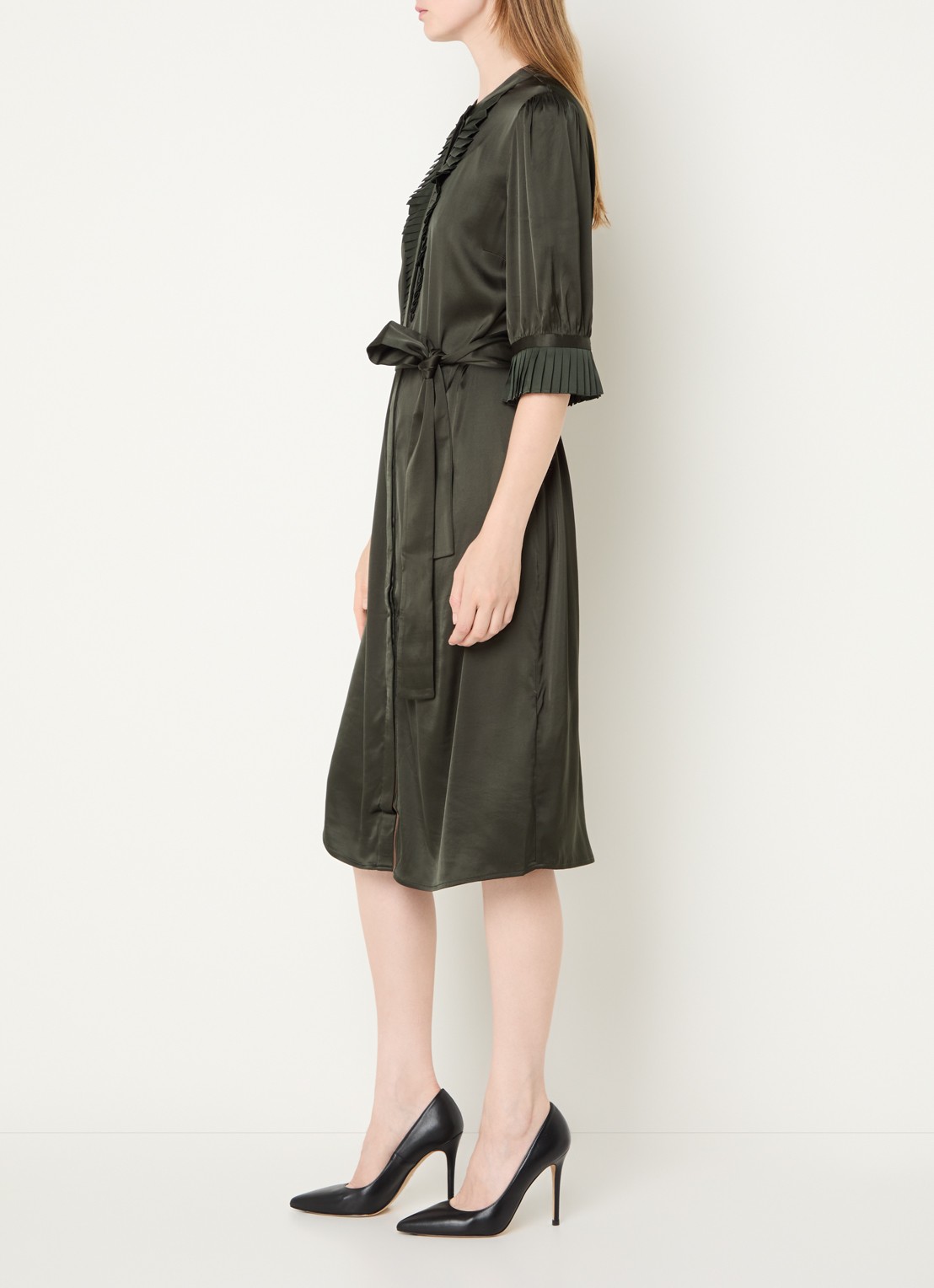 Bruuns Bazaar Midi blousejurk met strikceintuur - voorkant 2 donkergroen