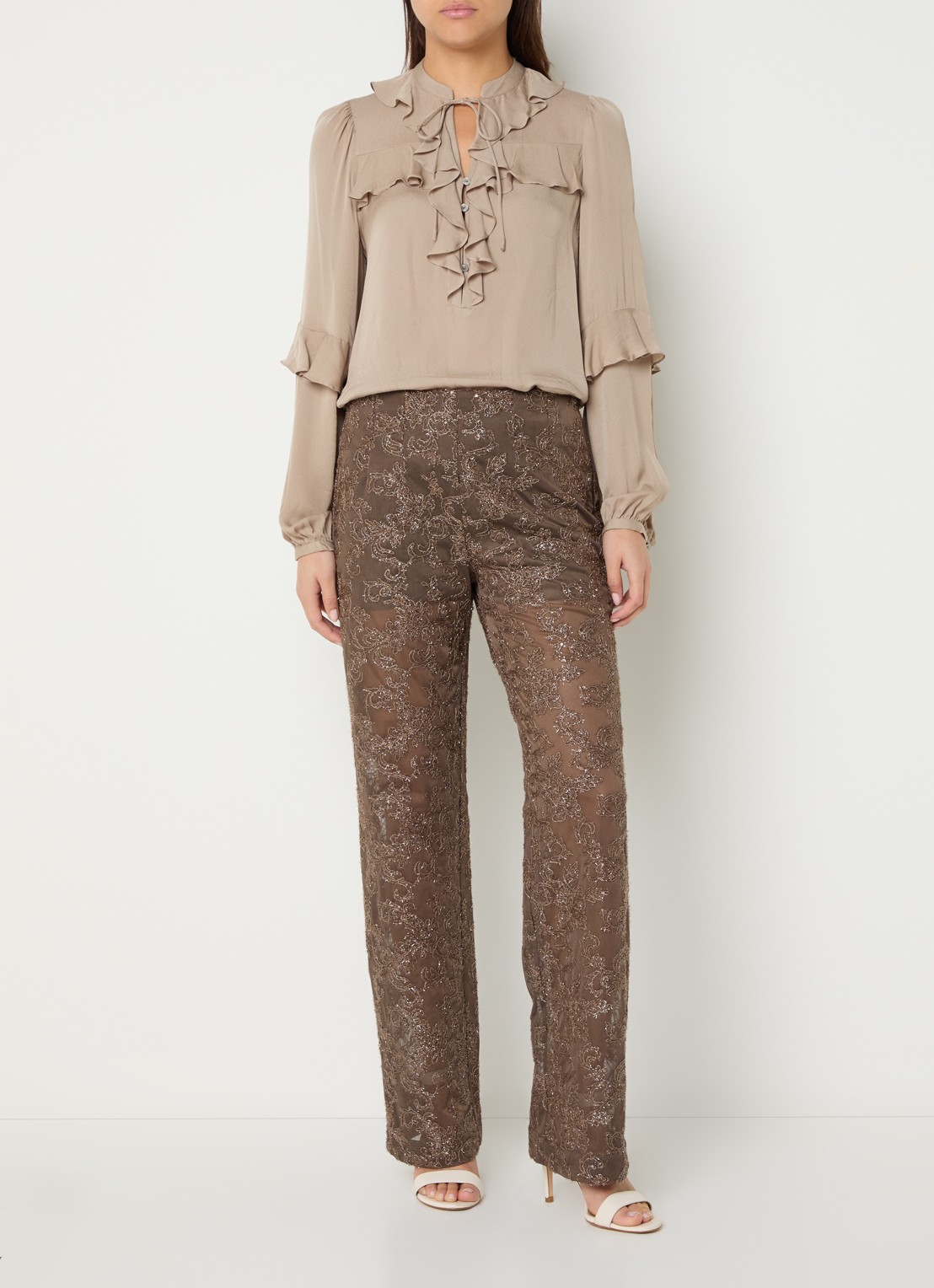 Bruuns Bazaar Pholido straight fit broek met pailletten - voorkant 4 bruin