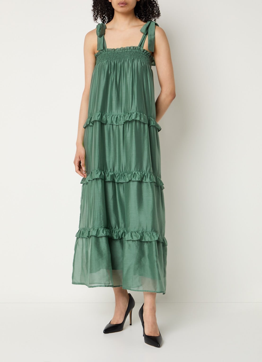 Bruuns Bazaar Tellea maxi jurk met volant - detail donkergroen