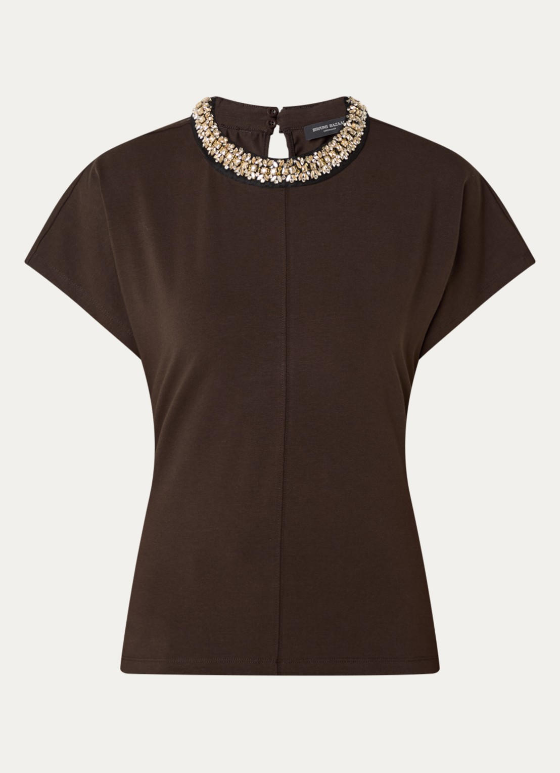 Bruuns Bazaar Verena T-shirt met kralendecoratie - voorkant donkerbruin
