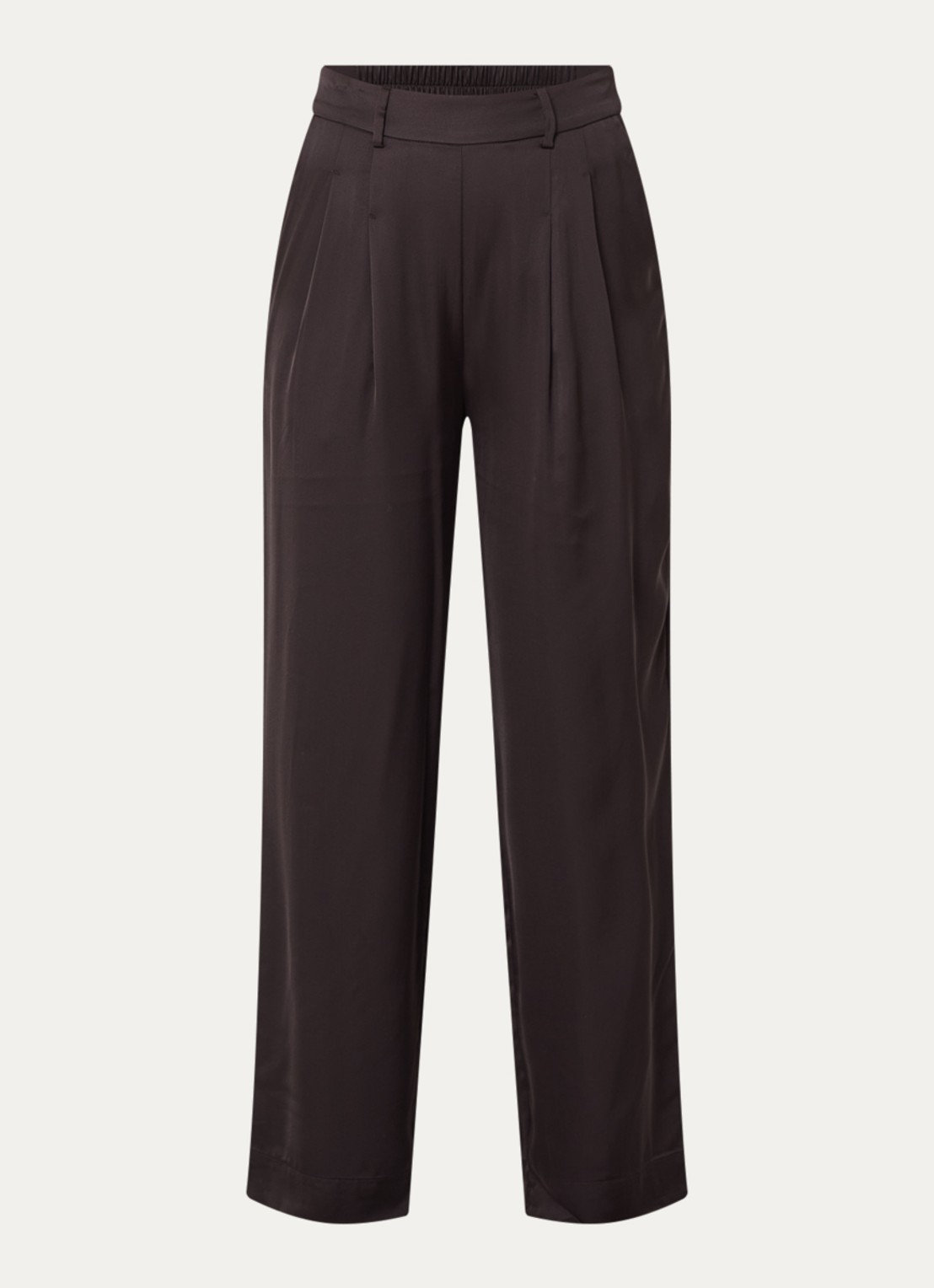 Bruuns Bazaar Zalli high waist straight fit pantalon van satijn met steekzakken - voorkant 3 donkerbruin