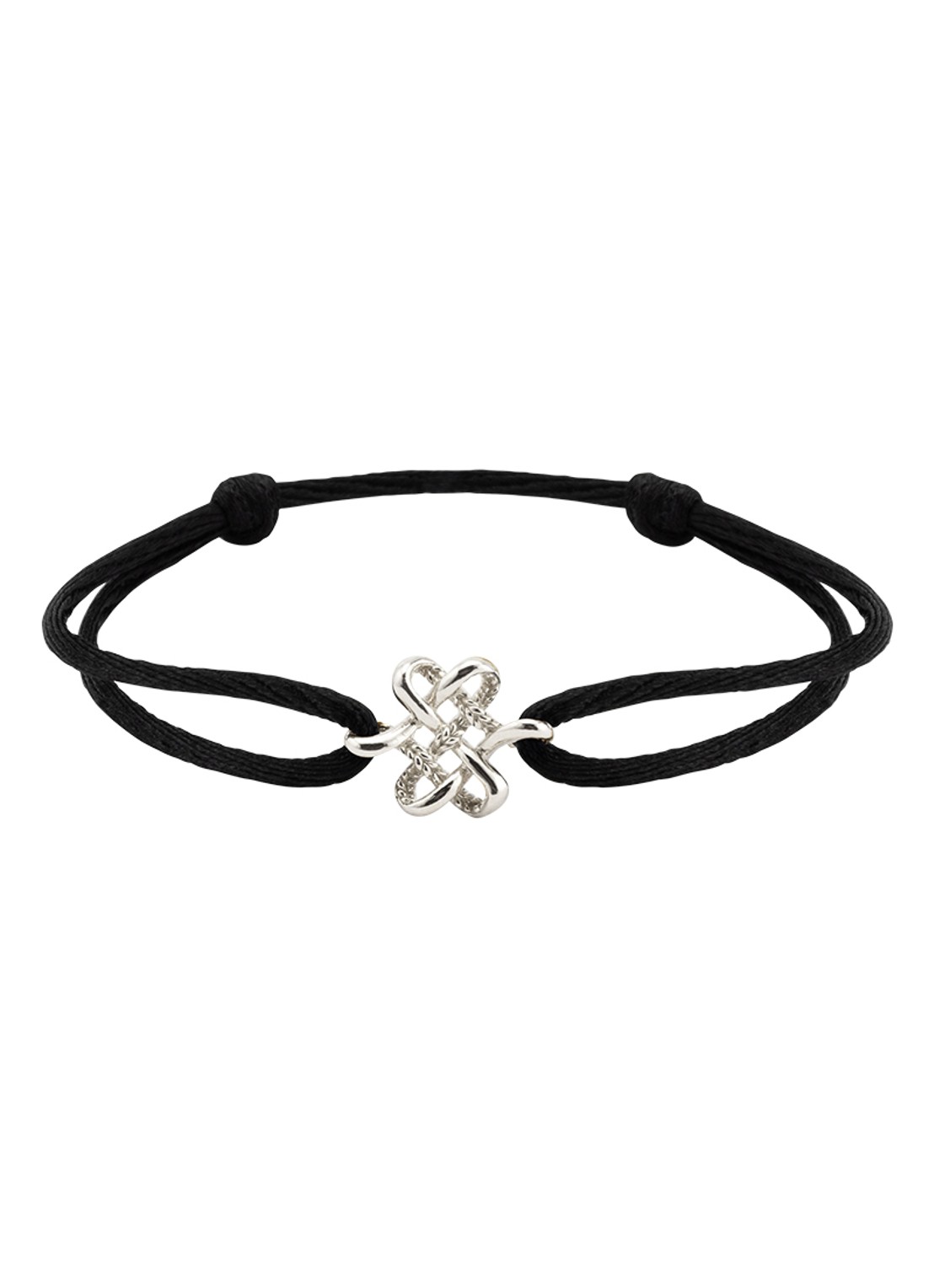 Buddha to Buddha Endless Knot Cord armband van zilver  - voorkant zwart