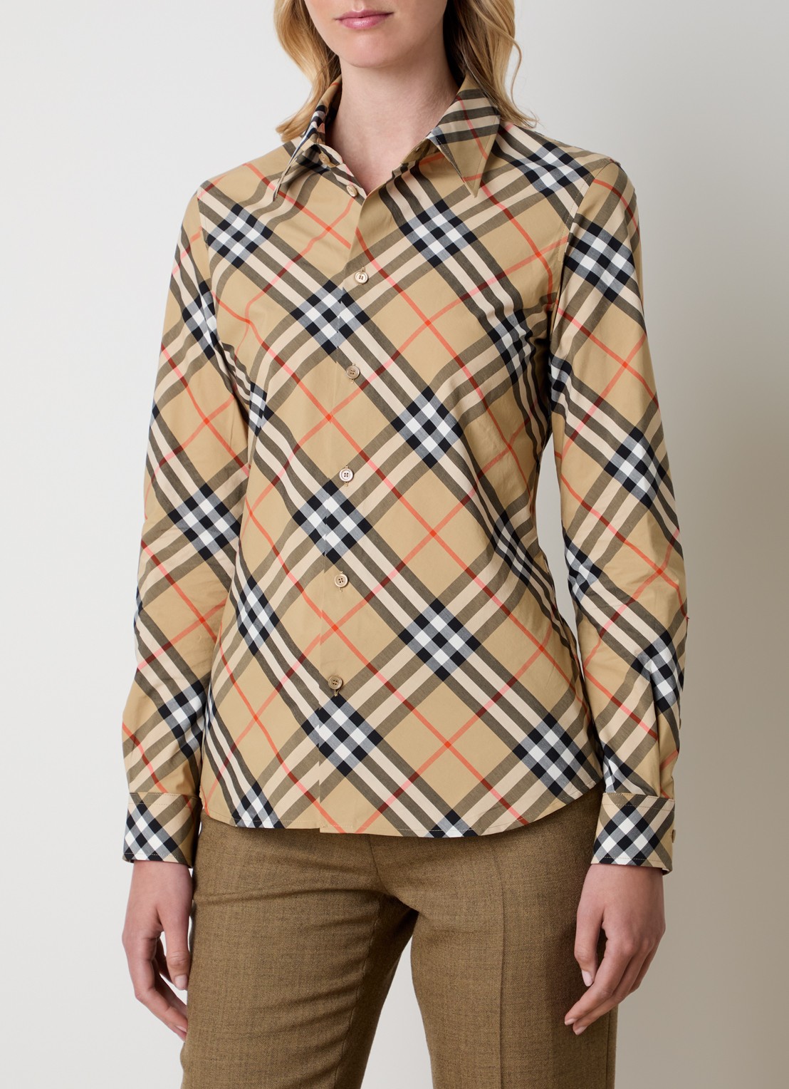 Burberry Blouse met ruitdessin - detail 4 zand