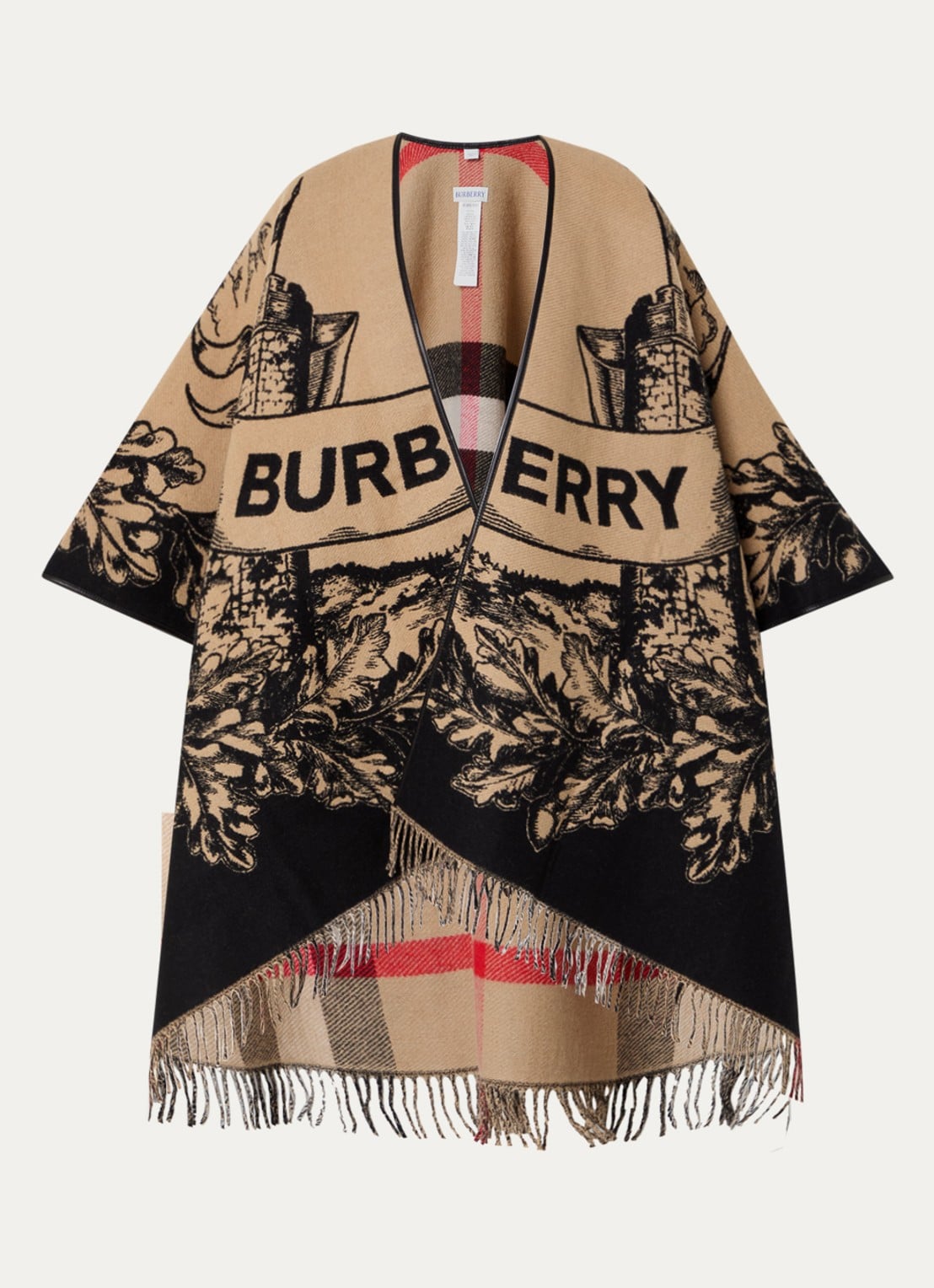 Burberry Cape van wol met logoprint en franjes - voorkant beige
