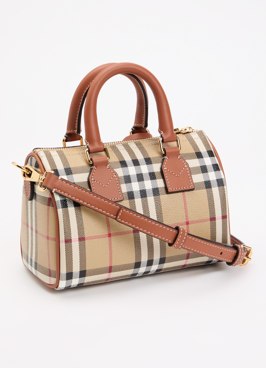 Burberry Check Mini Bowling handtas met kalfsleren details - achterkant 8 cognac
