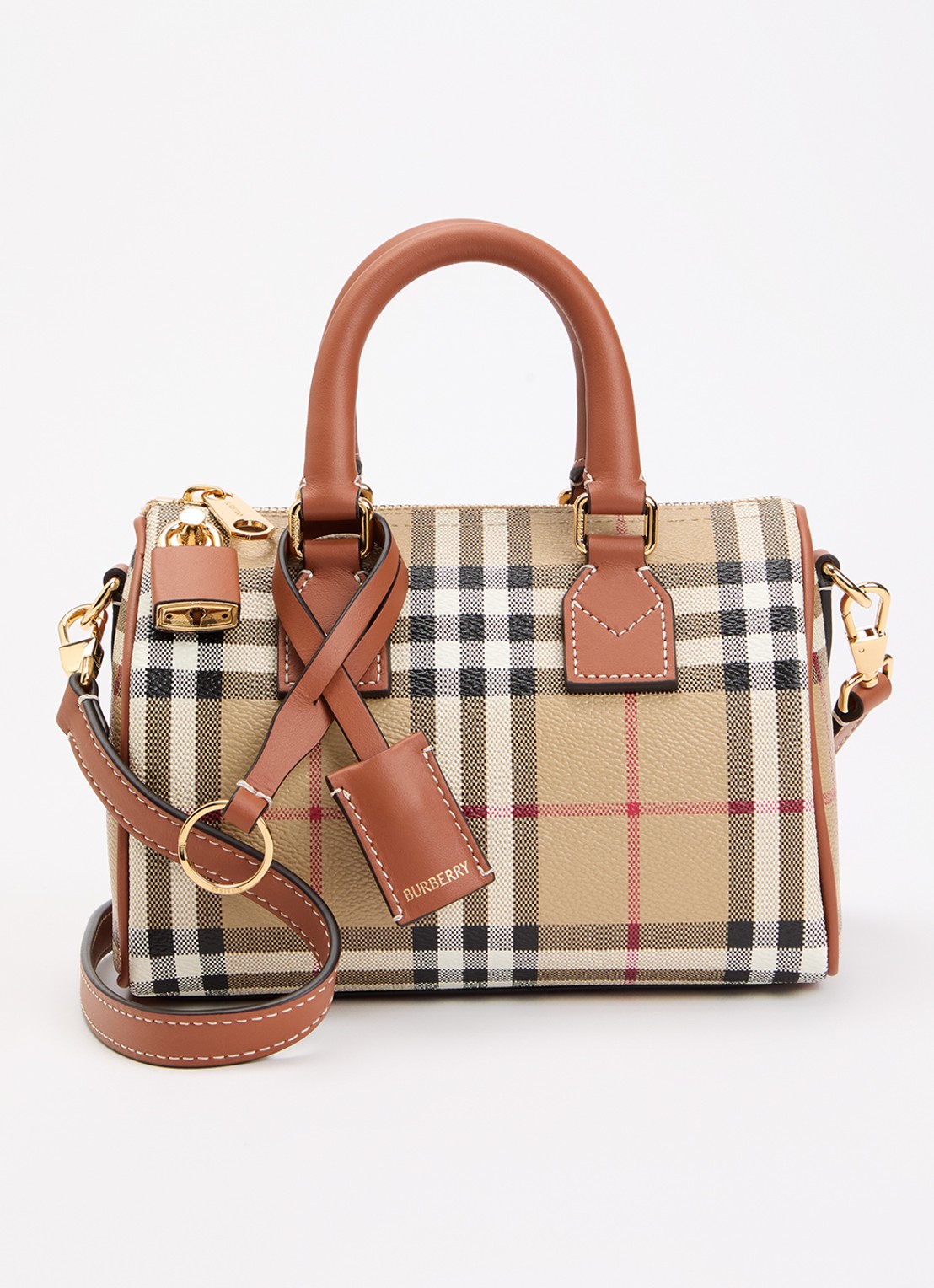 Burberry Check Mini Bowling handtas met kalfsleren details - voorkant cognac