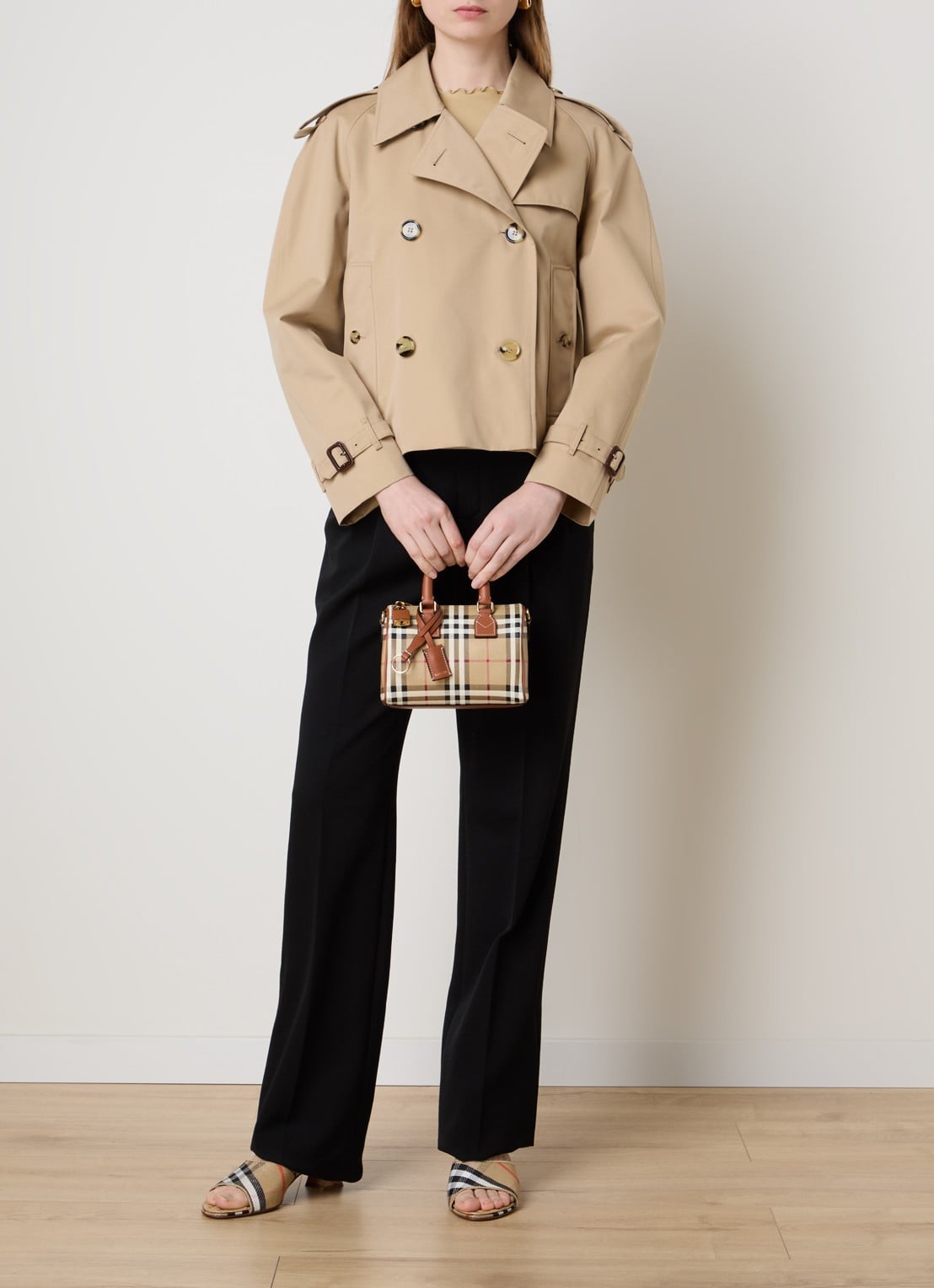 Burberry Check Mini Bowling handtas met kalfsleren details - voorkant 2 cognac